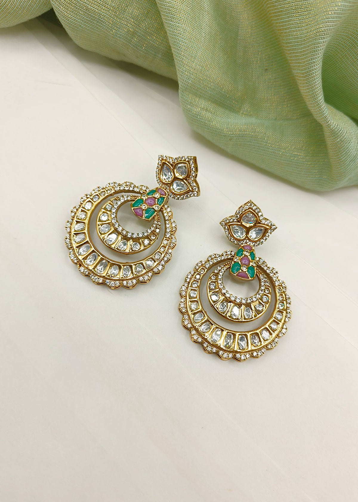 Traditional Kundan And Cubic Zircon Meenakari Antique Gold Plated Chandbali Earring