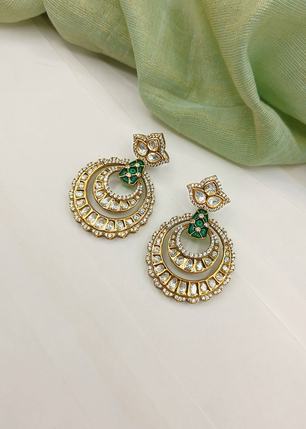Traditional Kundan And Cubic Zircon Meenakari Antique Gold Plated Chandbali Earring