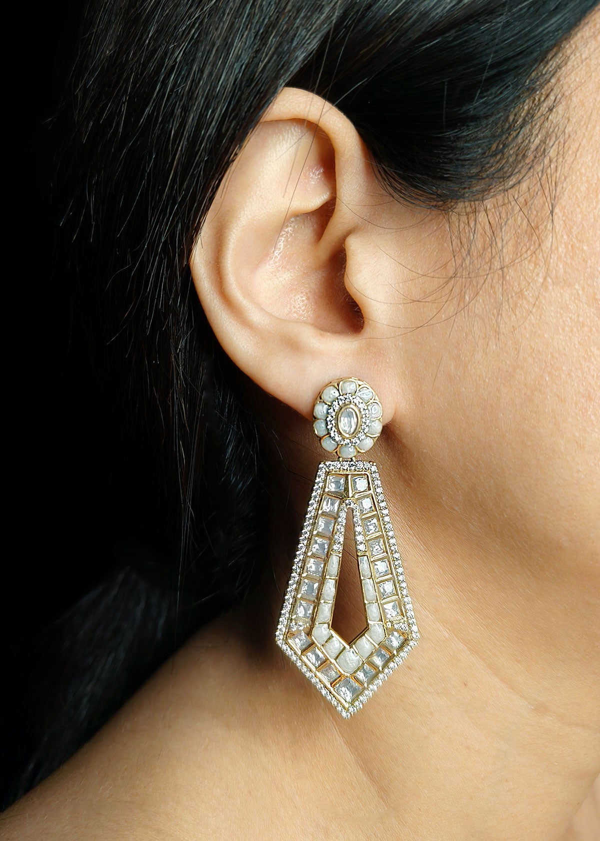 Kundan And Cubic Zircon Meenakari Work Antique Gold Plated Geometric Style Colorful Hanging Earrings