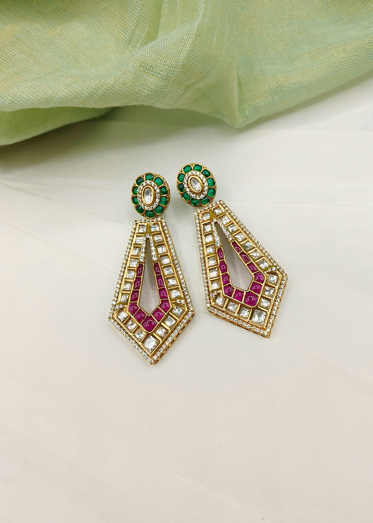 Kundan And Cubic Zircon Meenakari Work Antique Gold Plated Geometric Style Colorful Hanging Earrings