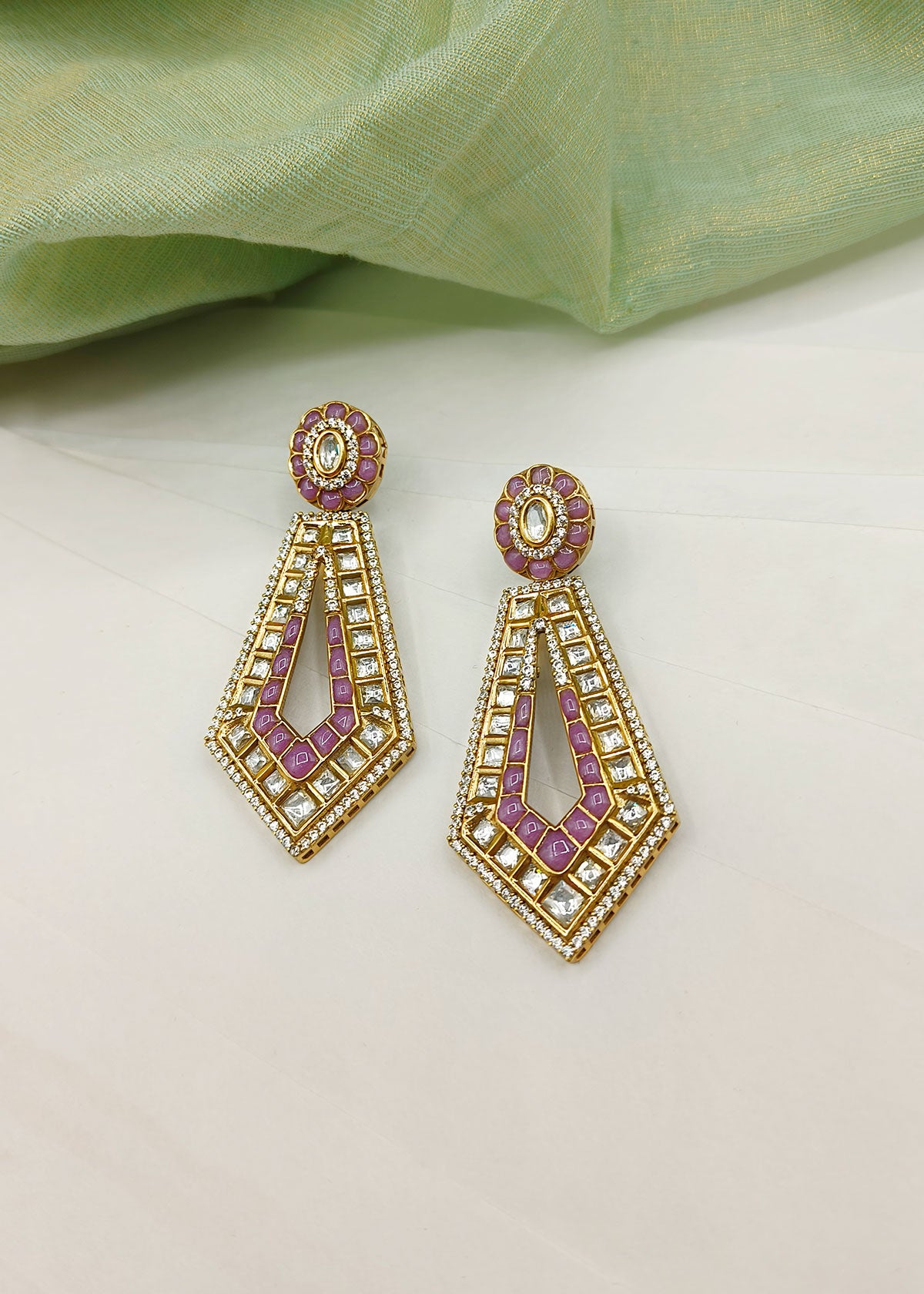 Kundan And Cubic Zircon Meenakari Work Antique Gold Plated Geometric Style Colorful Hanging Earrings