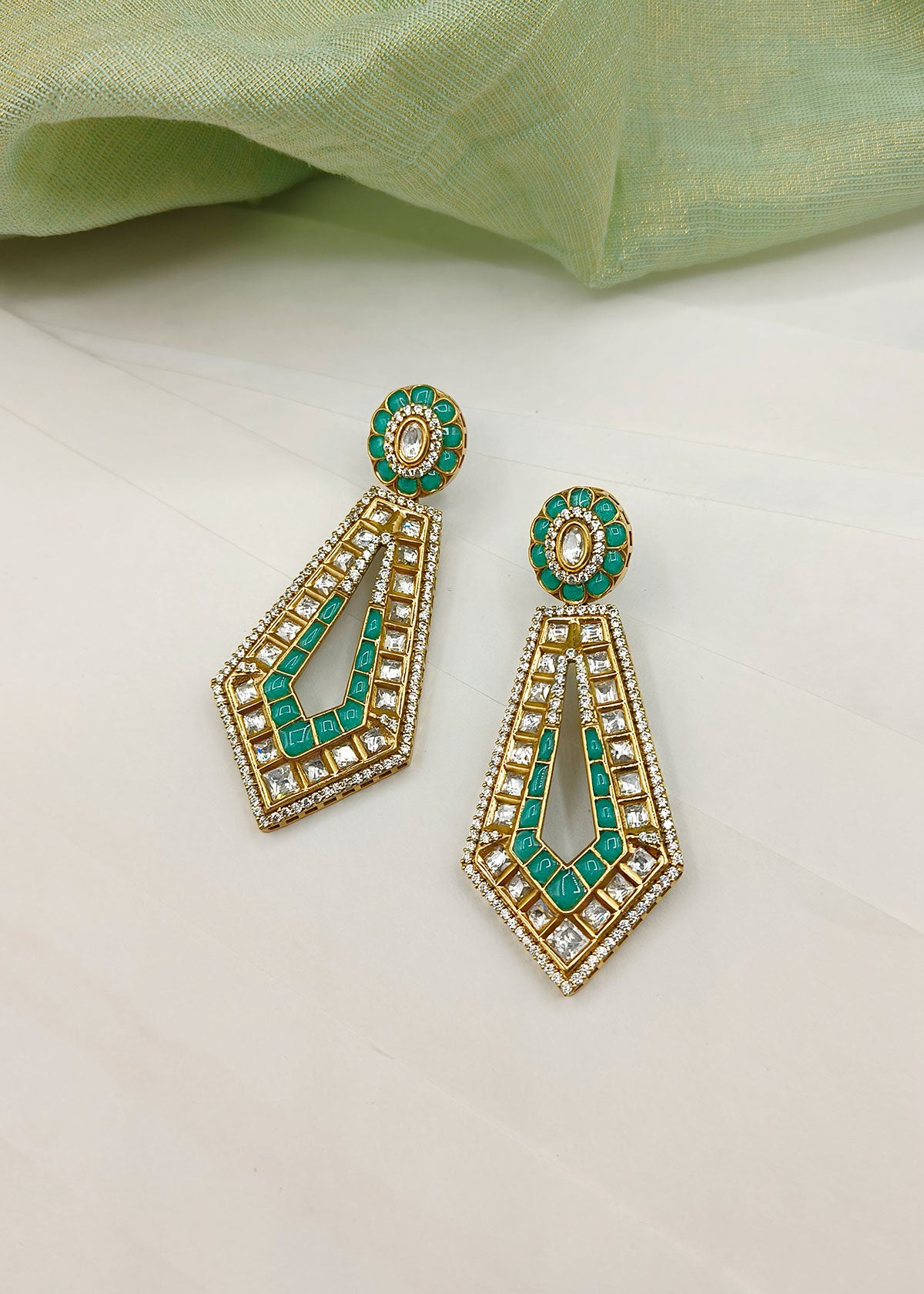 Kundan And Cubic Zircon Meenakari Work Antique Gold Plated Geometric Style Colorful Hanging Earrings