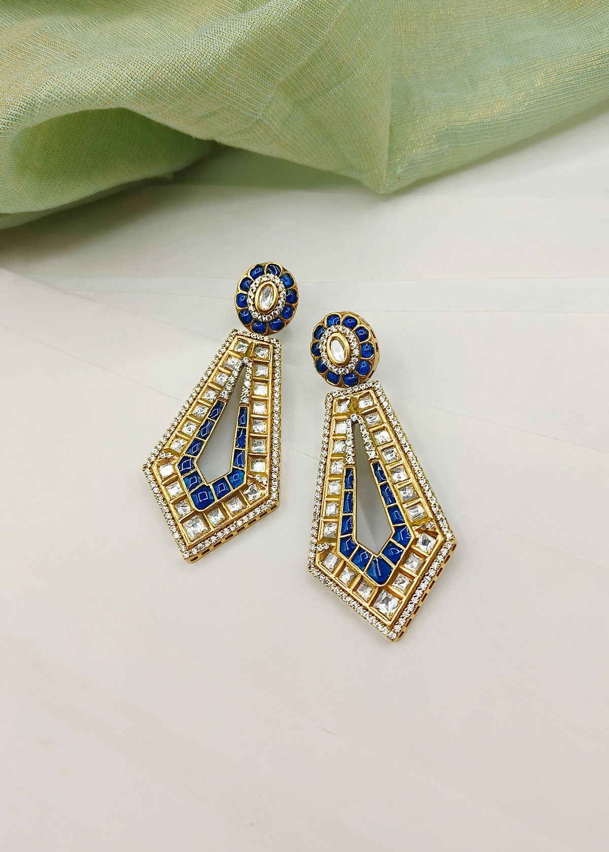 Kundan And Cubic Zircon Meenakari Work Antique Gold Plated Geometric Style Colorful Hanging Earrings