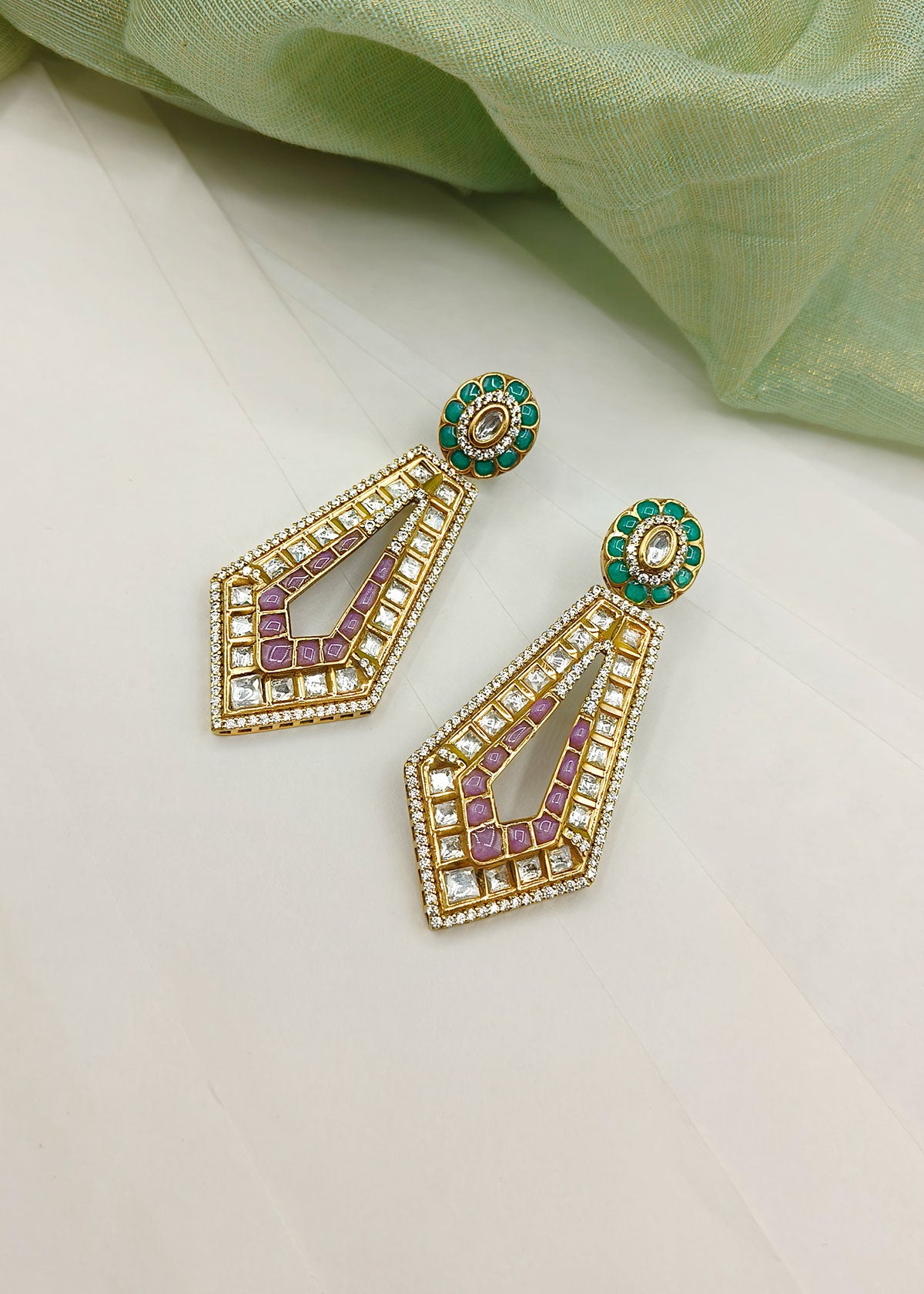 Kundan And Cubic Zircon Meenakari Work Antique Gold Plated Geometric Style Colorful Hanging Earrings