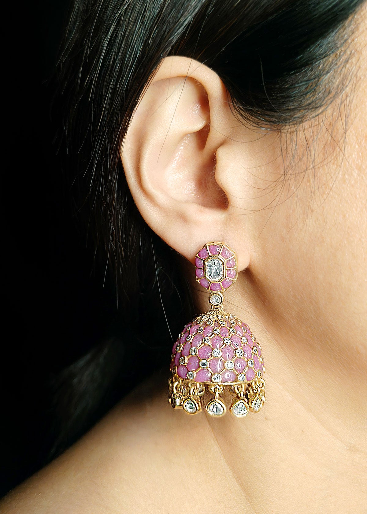 Ethnic Antique Gold Colourful Meenakari With Kundan And Cubic Zircon Jhumkas