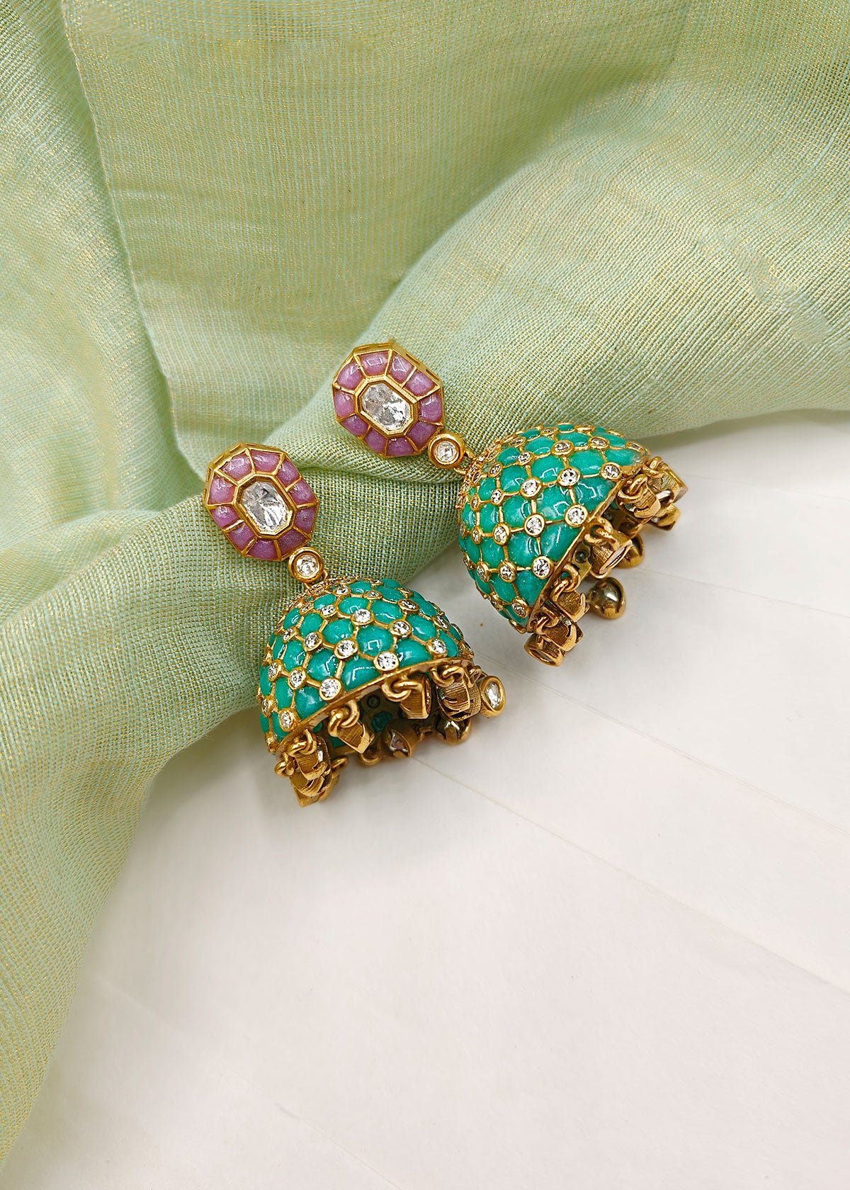 Ethnic Antique Gold Colourful Meenakari With Kundan And Cubic Zircon Jhumkas