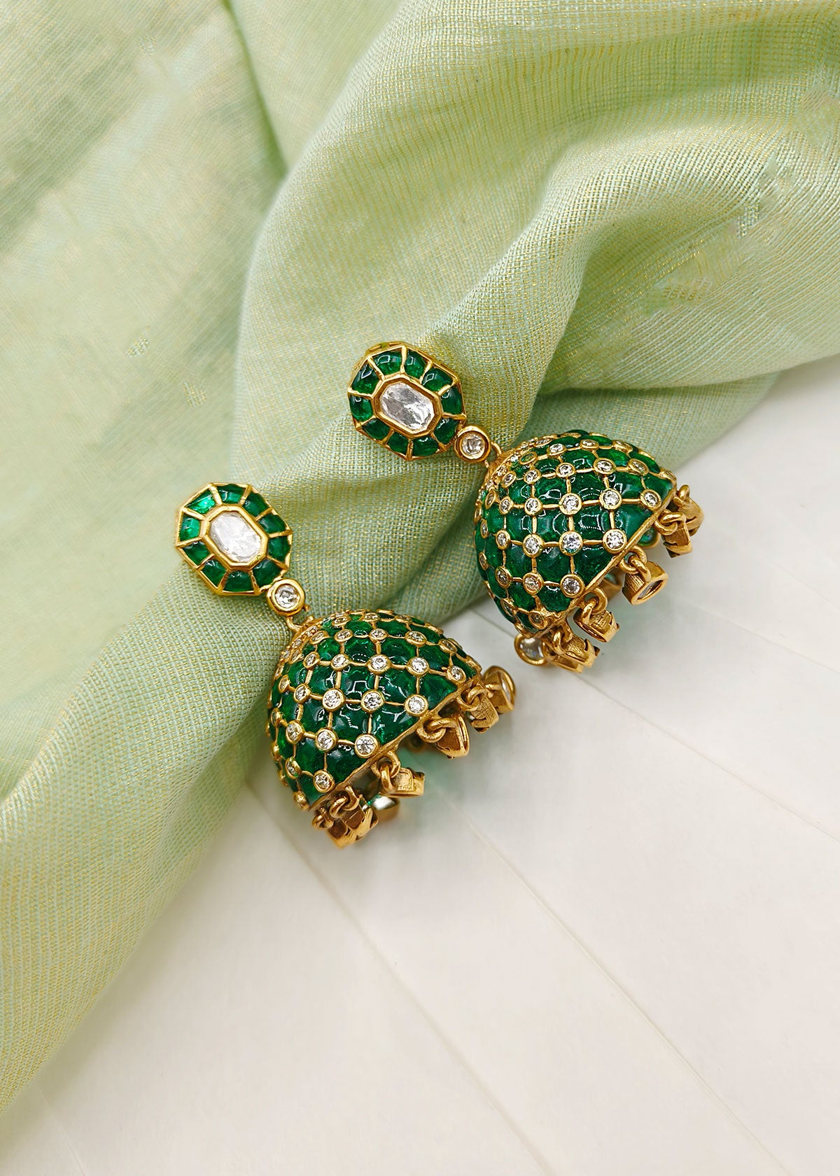 Ethnic Antique Gold Colourful Meenakari With Kundan And Cubic Zircon Jhumkas