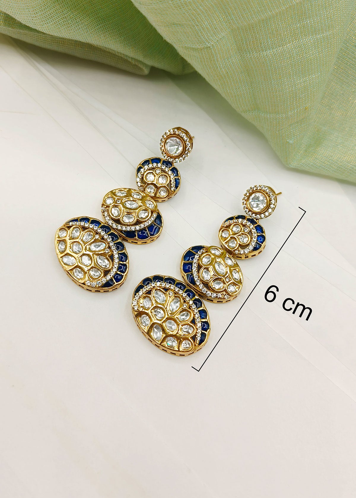 Antique Gold Plated Kundan Cubic Zircon And Meenakari Work Long Earrings