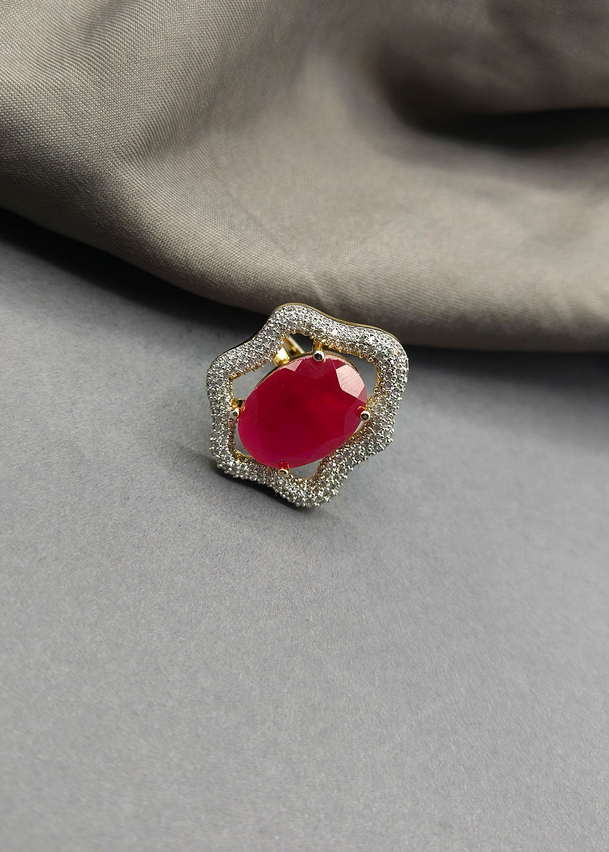 Exquisite Floral Big Ruby Stone Cubic Zircon Adjustable Finger Ring For Women