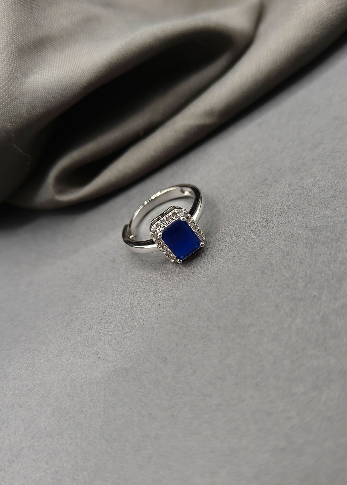 Blue Sapphire Stone Cubic Zircon Silver Plated Adjustable Delicate Finger Ring For Women