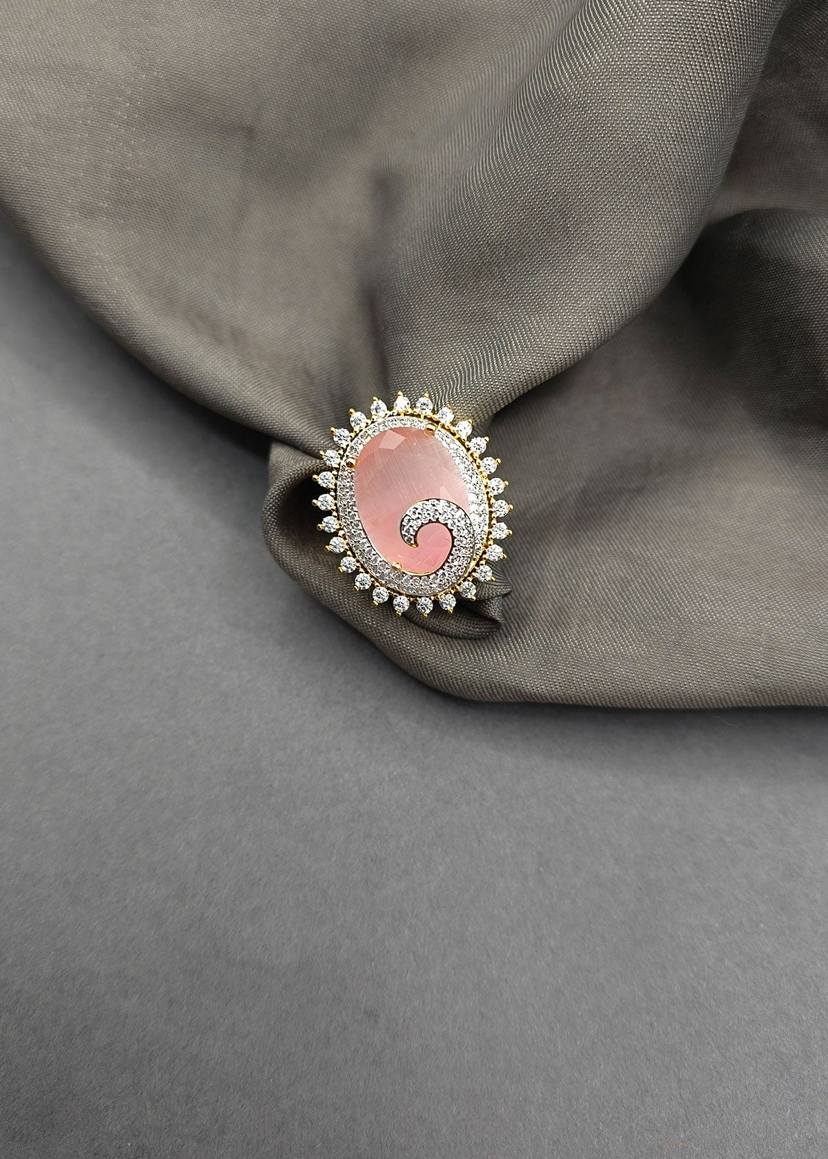 Cubic Zircon Studded Pastel Oval Shape Adjustable Big Finger Ring For Women