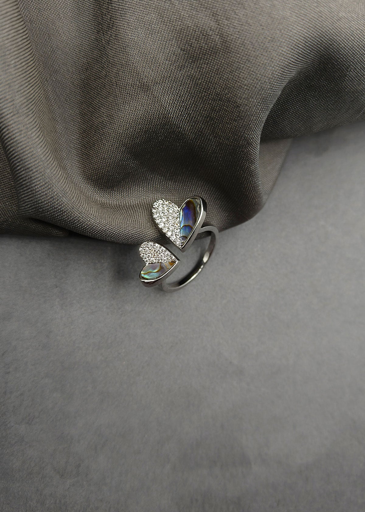 Cubic Zircon Mother of Pearl Two Hearts Design Adjustable Finger Ring For Women
