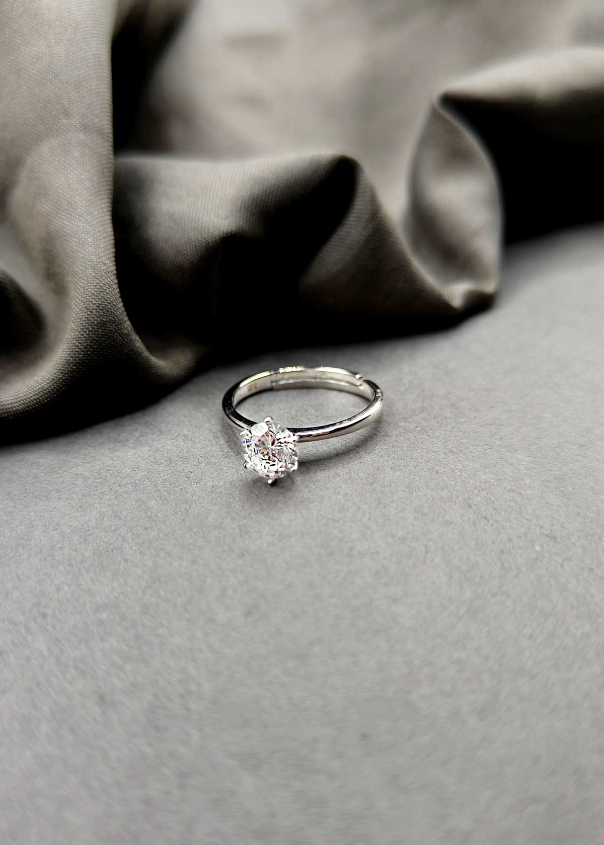 92.5 Sterling Silver Solitaire Diamond Adjustable Finger Ring For Women
