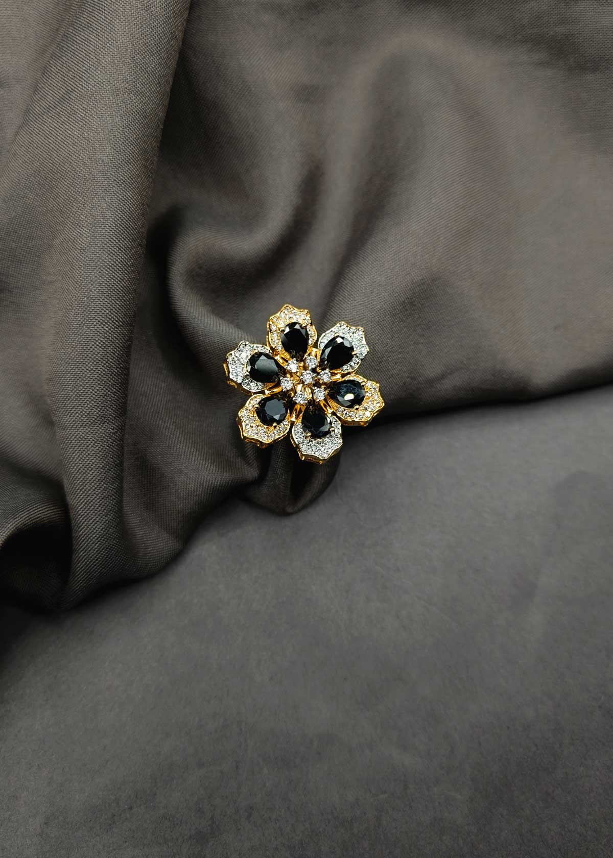 Cubic Zircon Six Petal Flower Design Adjustable Big Finger Ring For Women