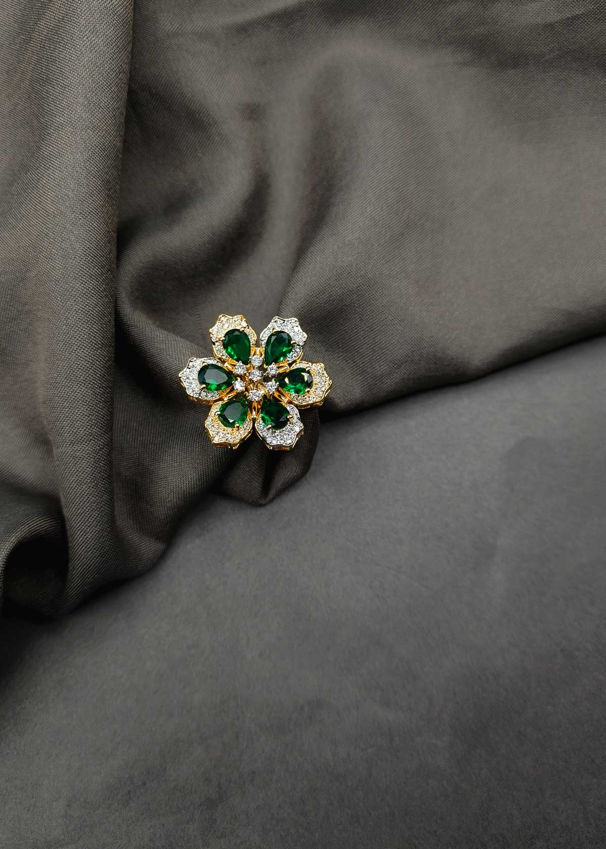 Cubic Zircon Six Petal Flower Design Adjustable Big Finger Ring For Women