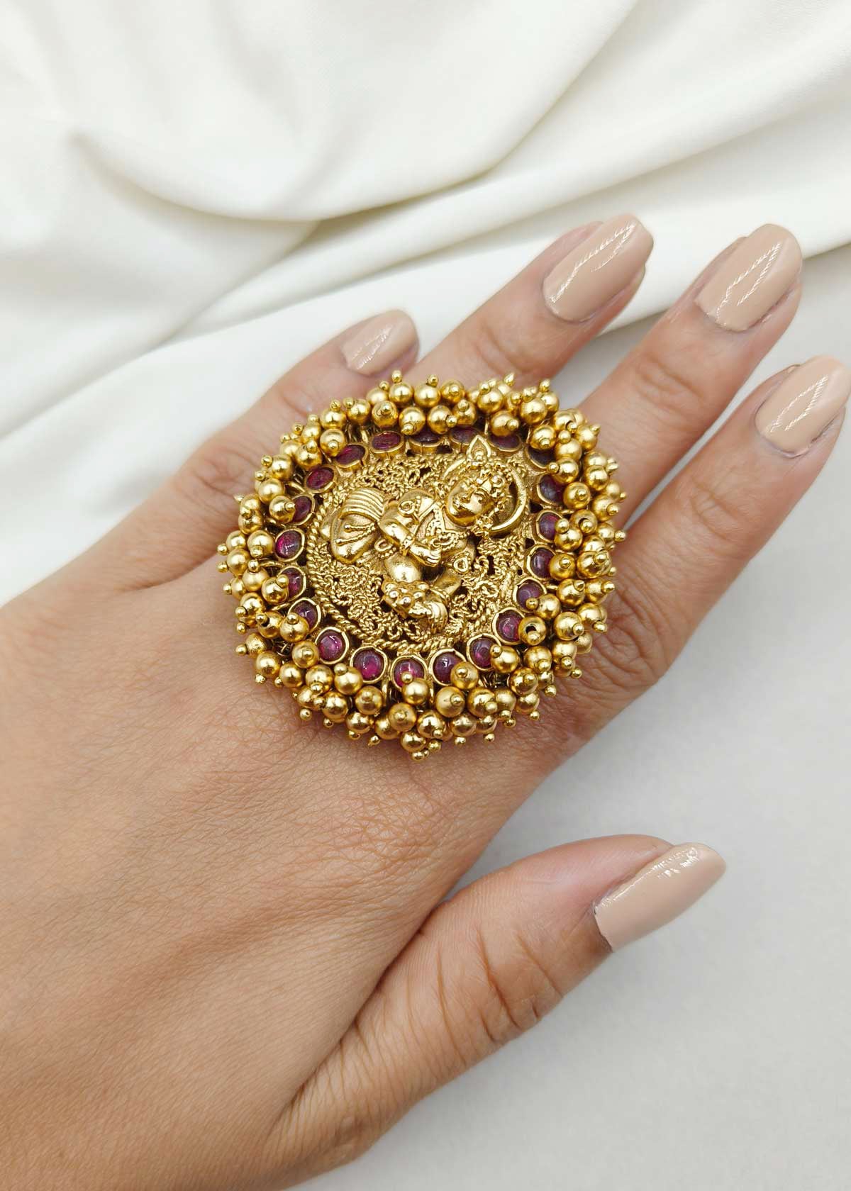 Traditional Krishna Temple Antique Gold Adjustable Big Finger Ring For Women