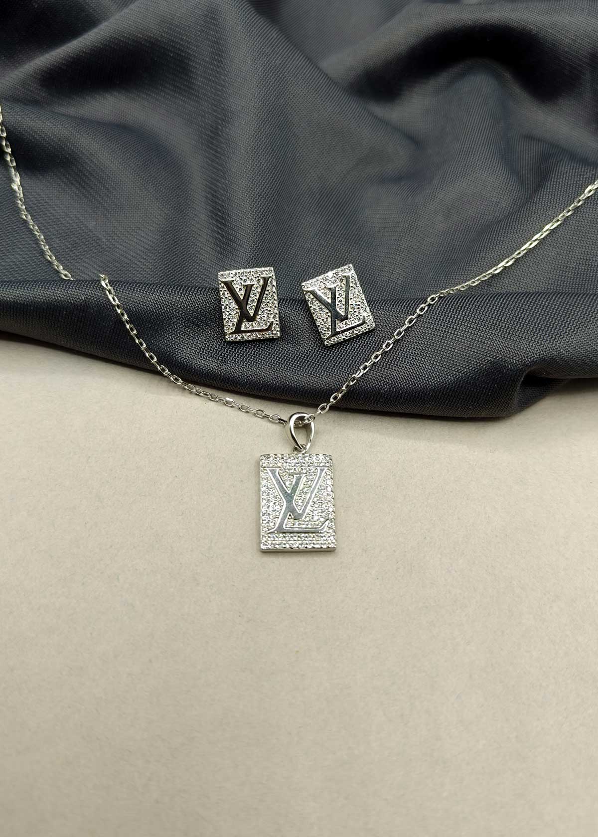 Loui Vuiton Inspired 92.5 Sterling Silver Cubic Zircon Pendant Set With Chain