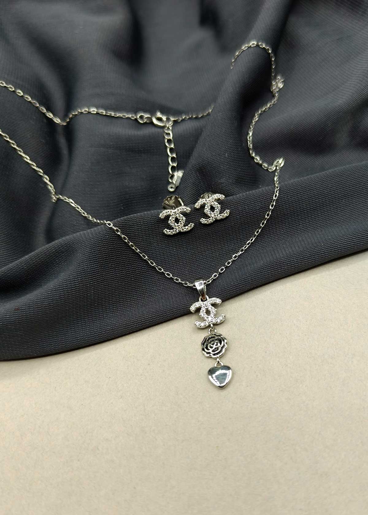 92.5 Sterling Silver Cubic Zircon Chanel Inspired Triple Drop Delicate Pendant Set With Chain For Women