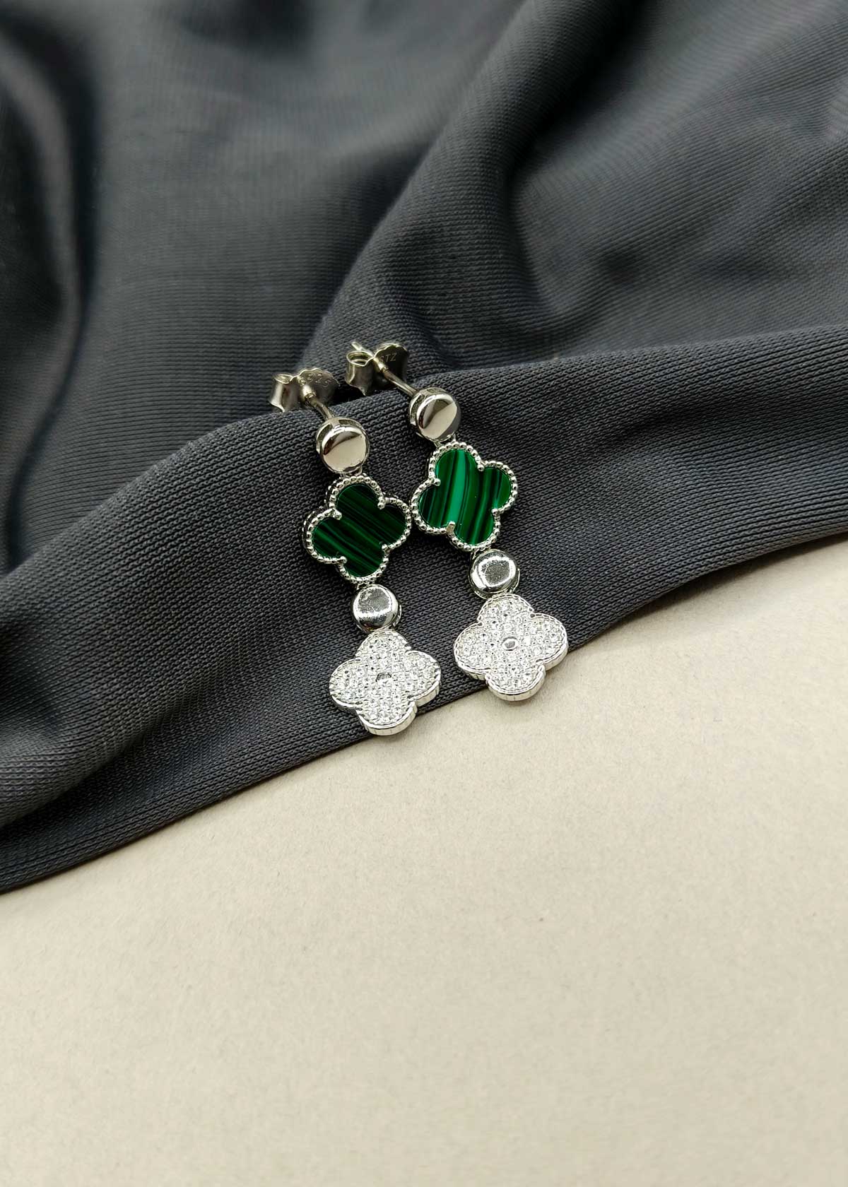 92.5 Sterling Silver Van Cleef Inspired Two Layer Clover Design With Cubic Zircon Stone Earrings For Women
