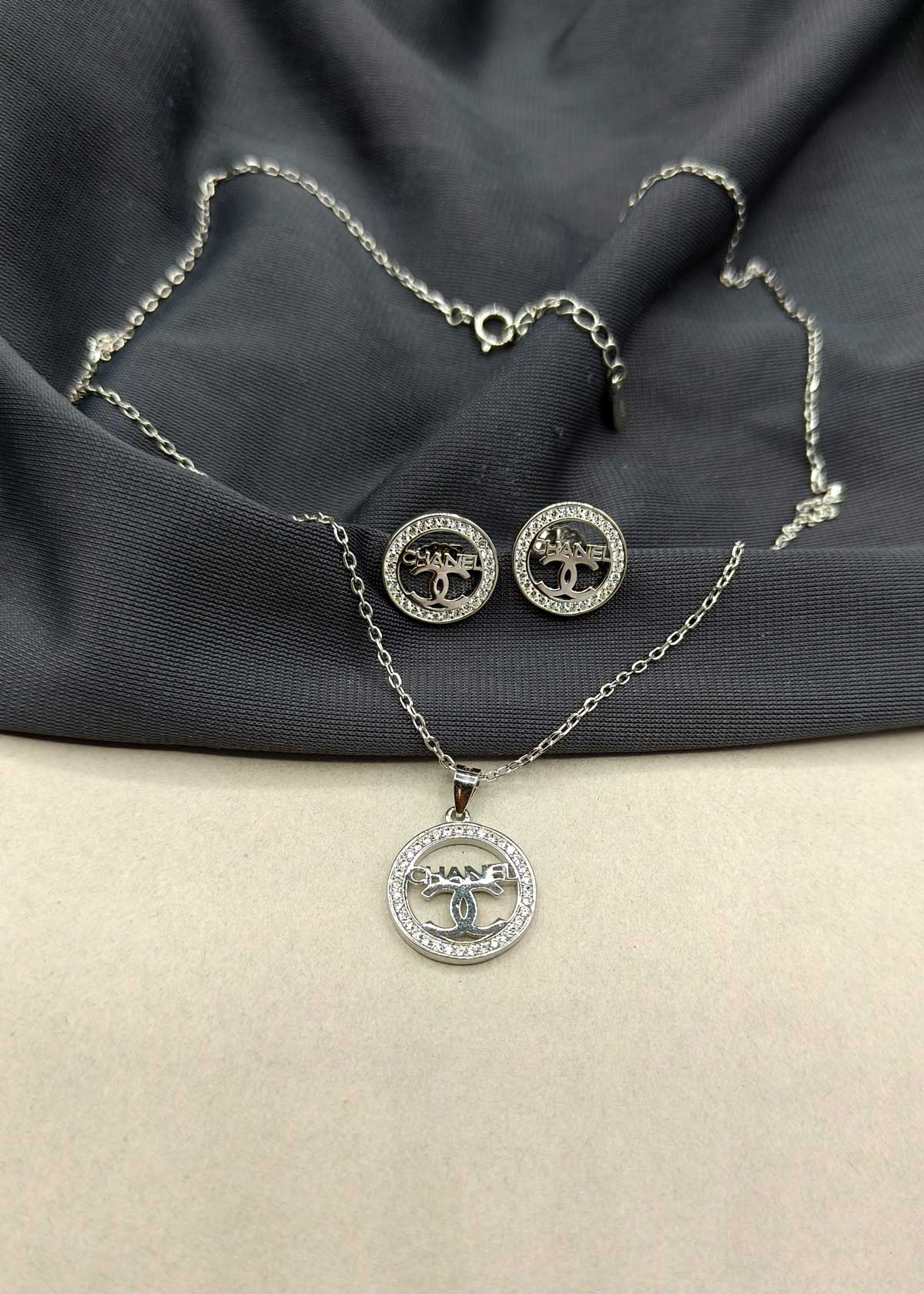 92.5 Sterling Silver Chanel Inspired With Cubic Zircon Stone Pendant Set With Chain For Women