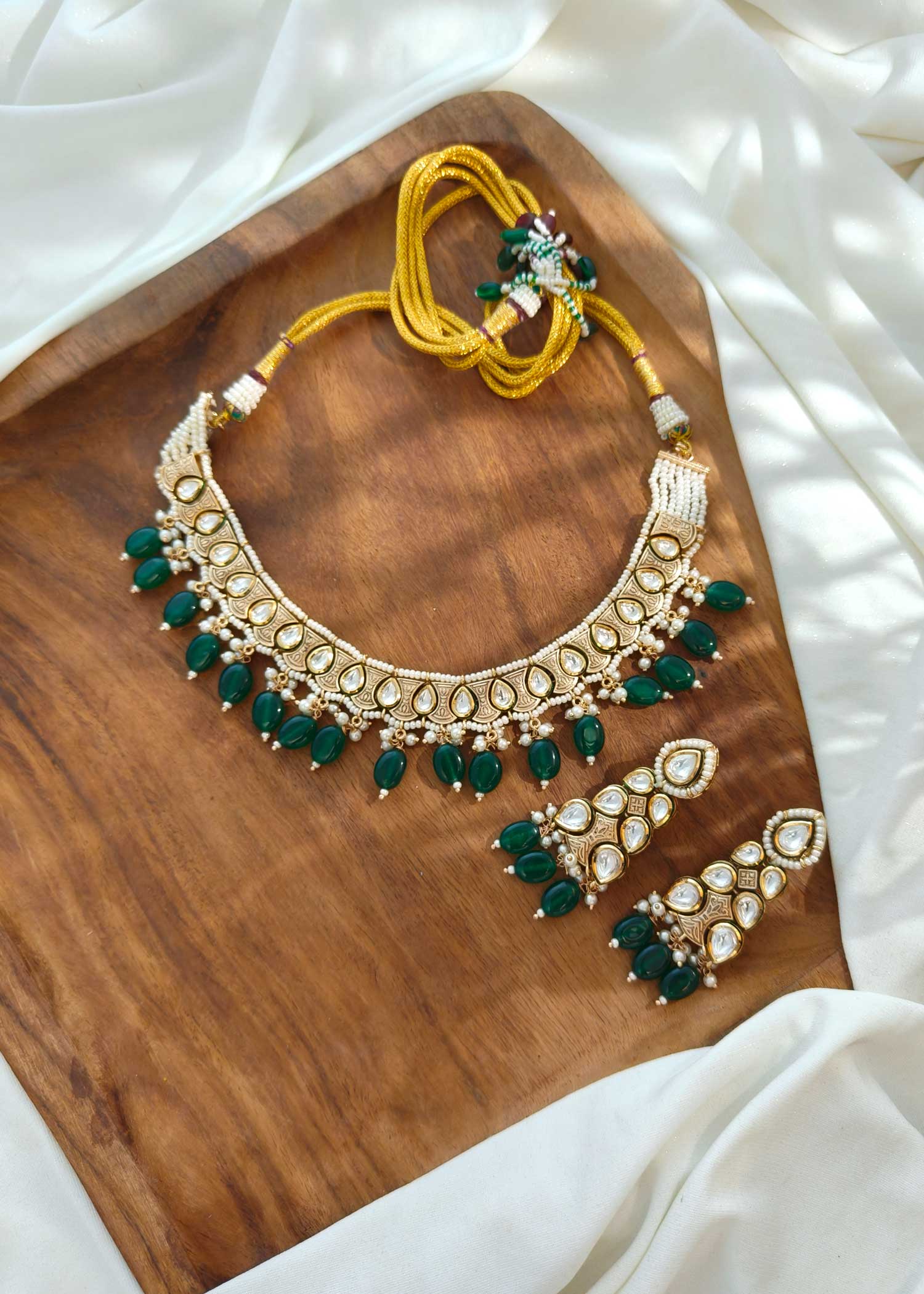 Gold Plated Dark Green Beads And White Pearl Kundan Short Necklace Set