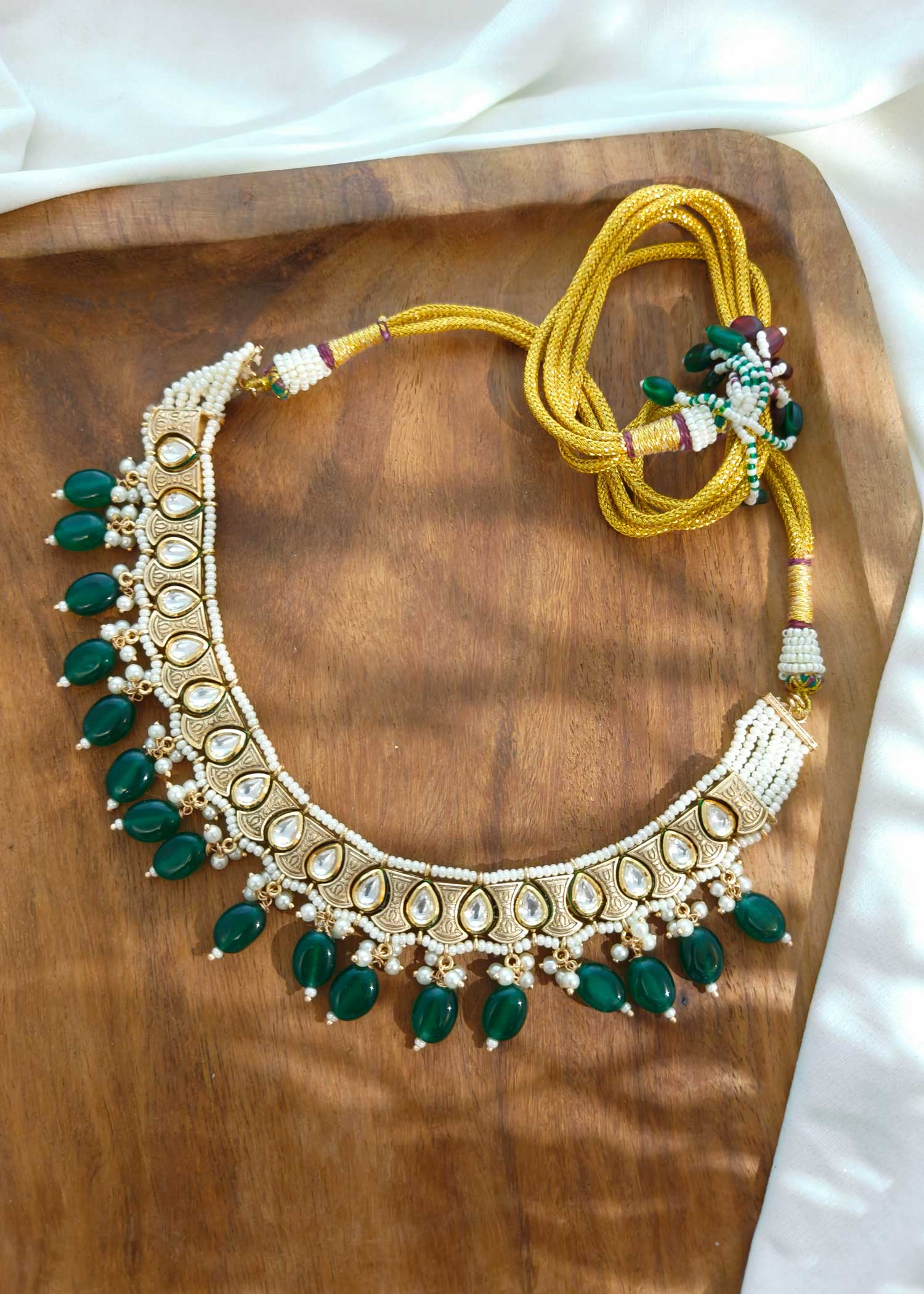 Gold Plated Dark Green Beads And White Pearl Kundan Short Necklace Set