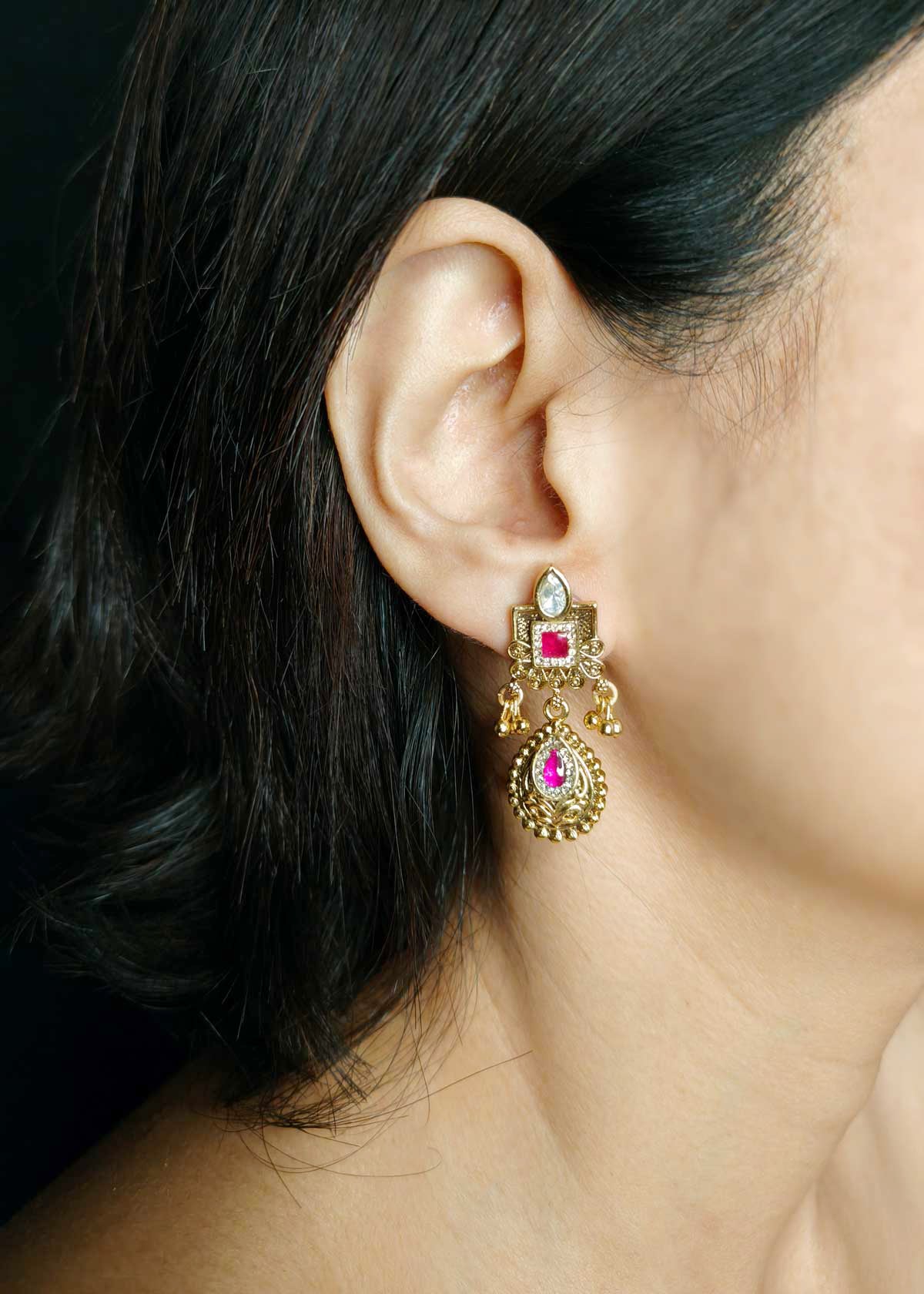 Traditional Antique Gold Plated Pink Leaf Designer Short Temple Necklace Set