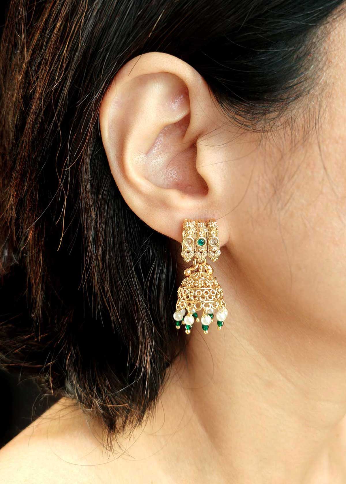Traditional Antique Gold Plated With Green Stone Short Necklace Set