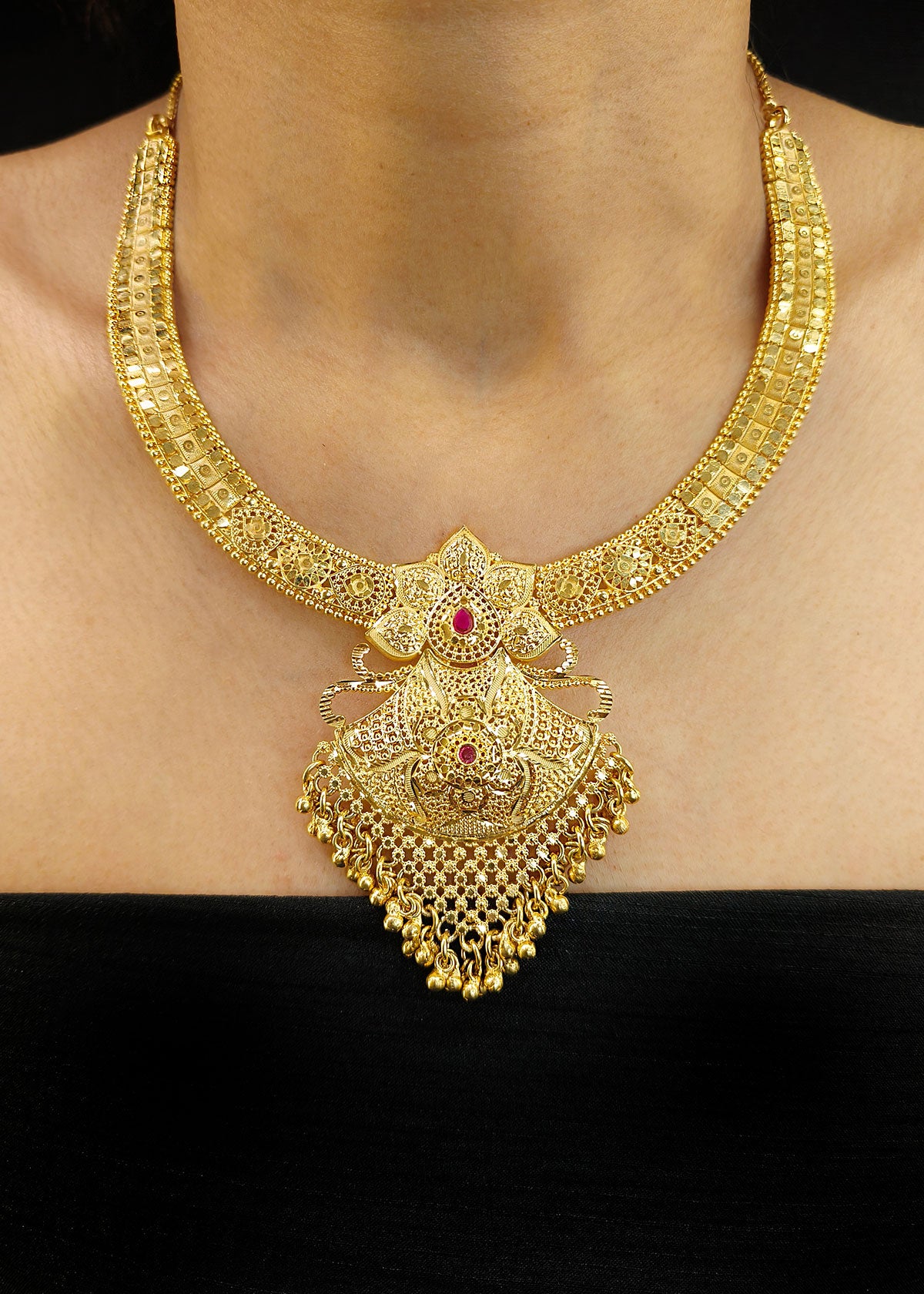 Heritage Royal 1 Gram Gold Gold Plated With Dark Pink Stone Short Necklace Set