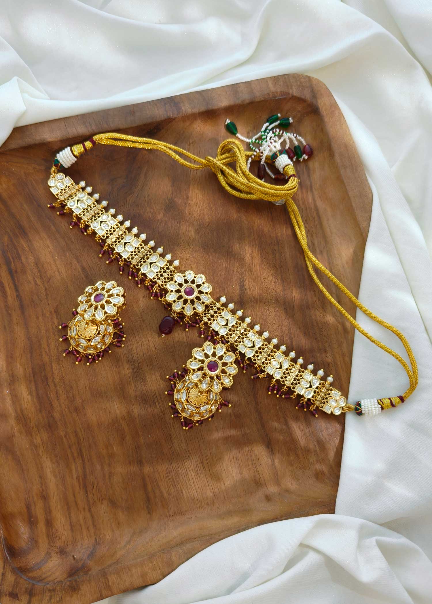 Floral Dark Green Pearl Kundan Choker Necklace Set