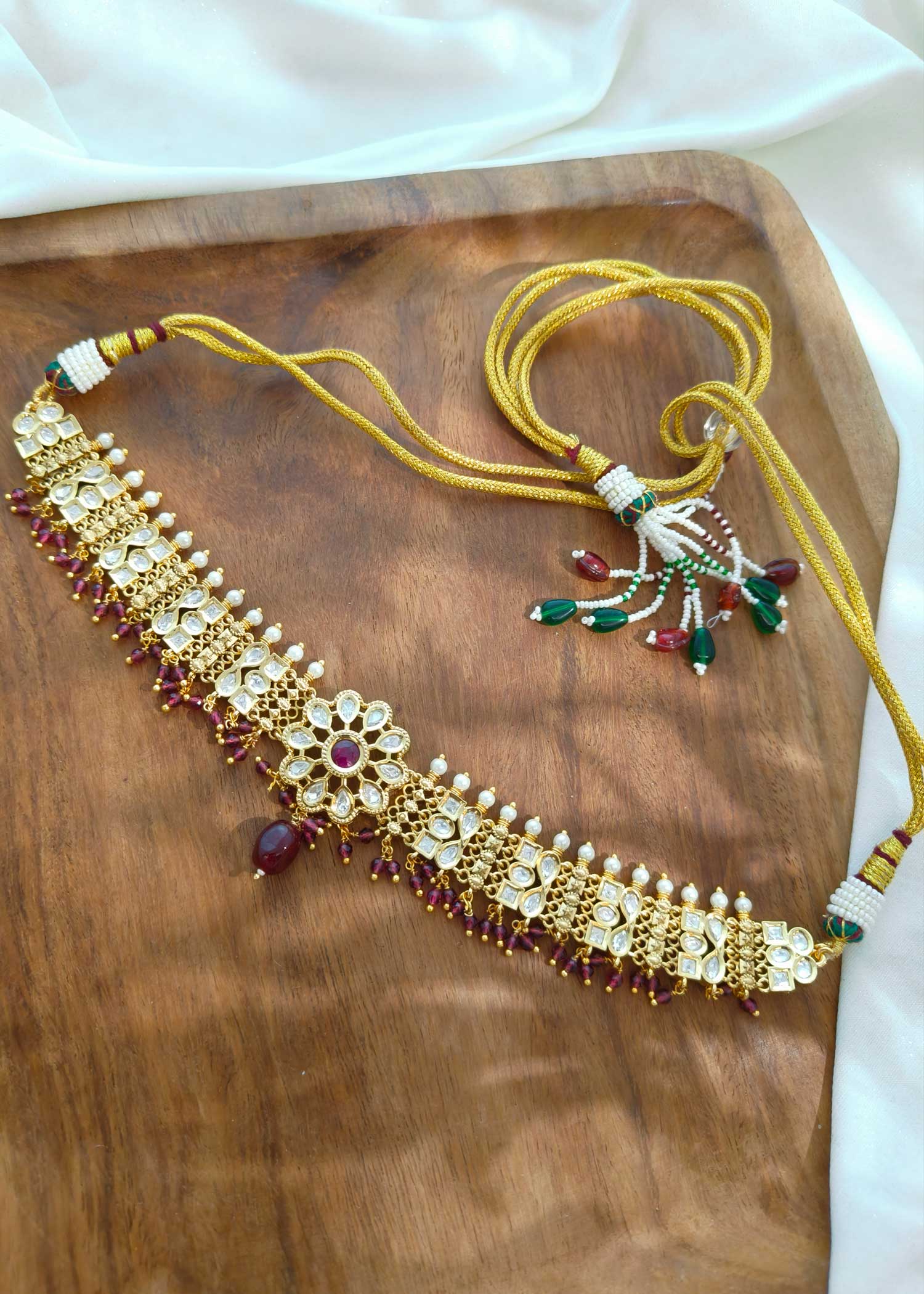 Floral Dark Green Pearl Kundan Choker Necklace Set