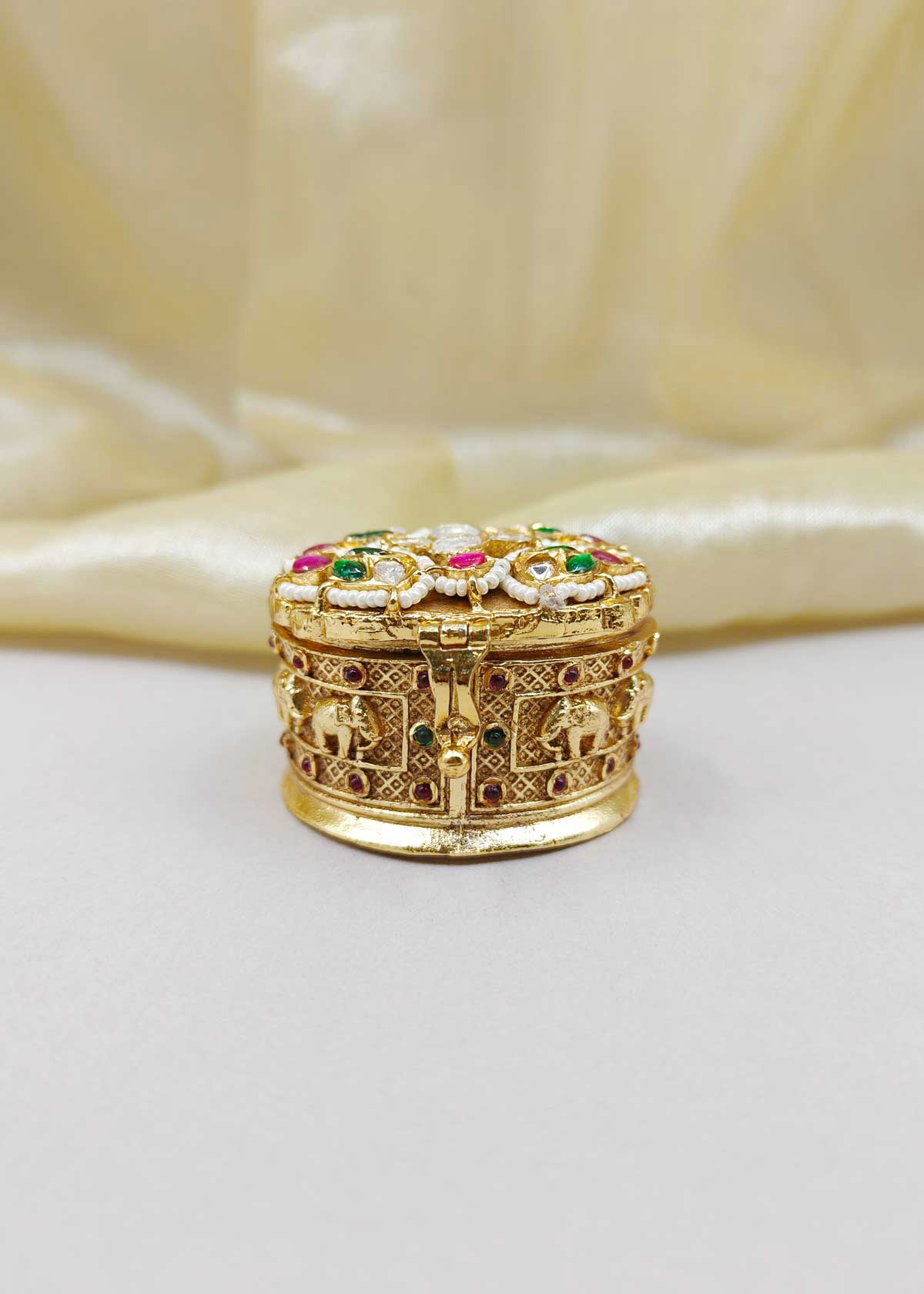 Antique Gold Plated Round Kumkum Box / Sindoor Box