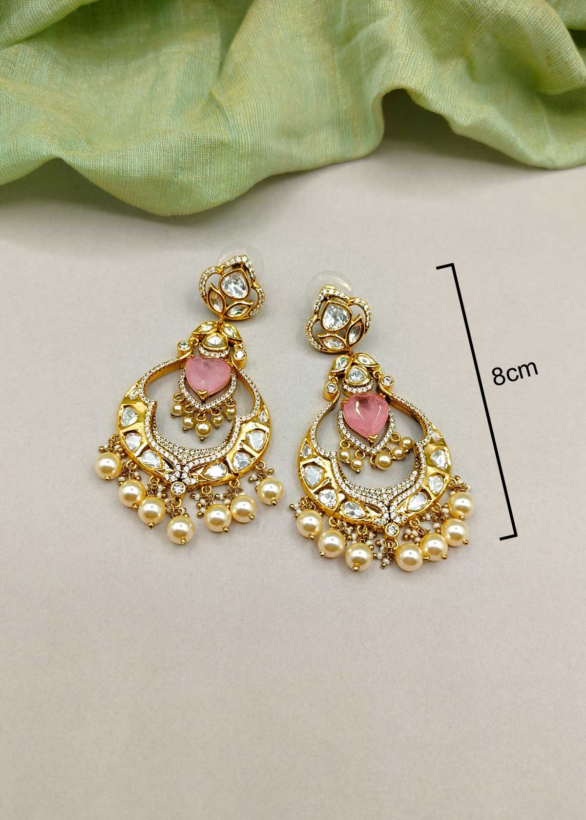 Traditional Kundan Polki Pearl Drop With Cubic Zircon Stone Chandbali Style Antique Gold Long Earrings For Women