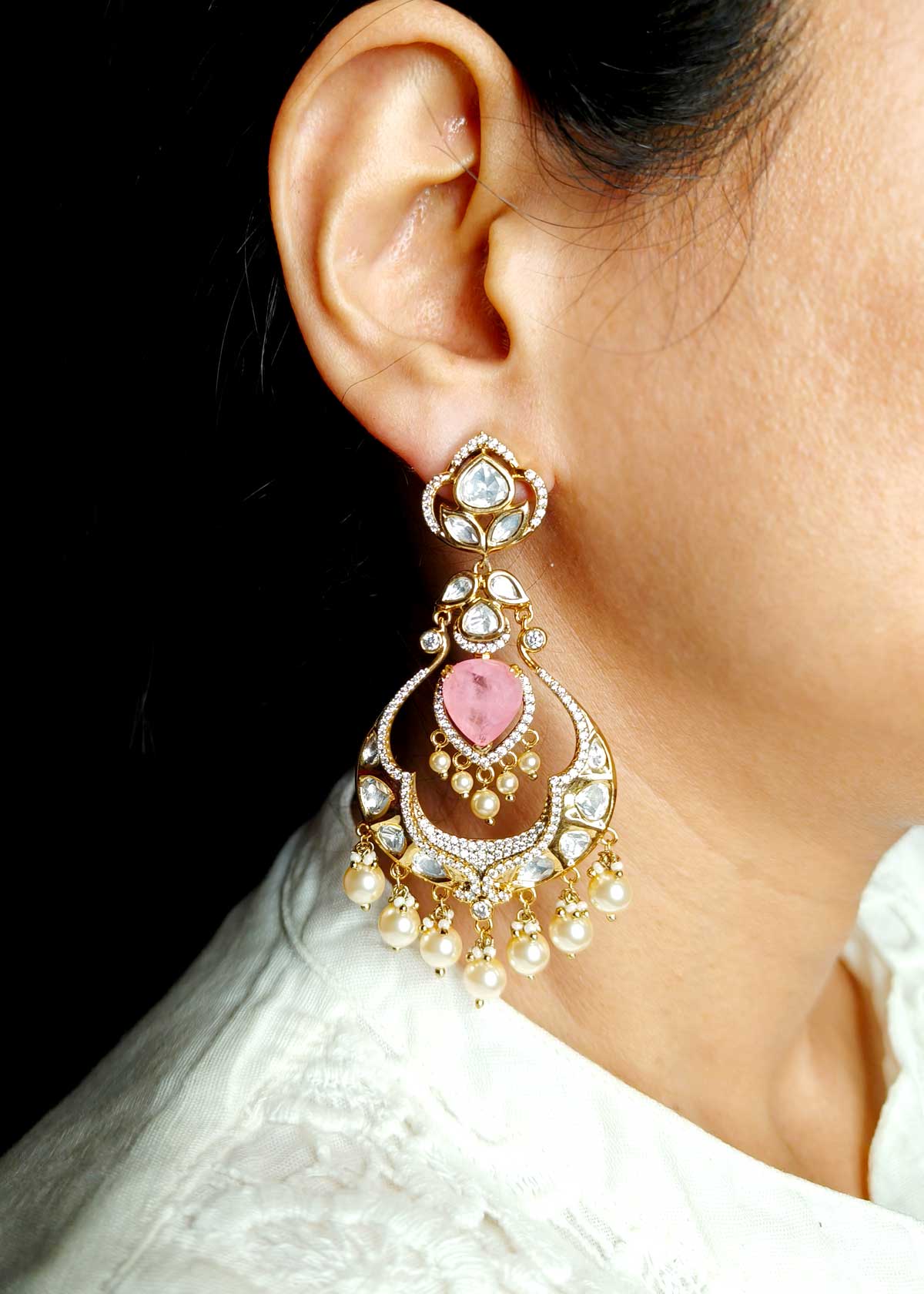 Traditional Kundan Polki Pearl Drop With Cubic Zircon Stone Chandbali Style Antique Gold Long Earrings For Women