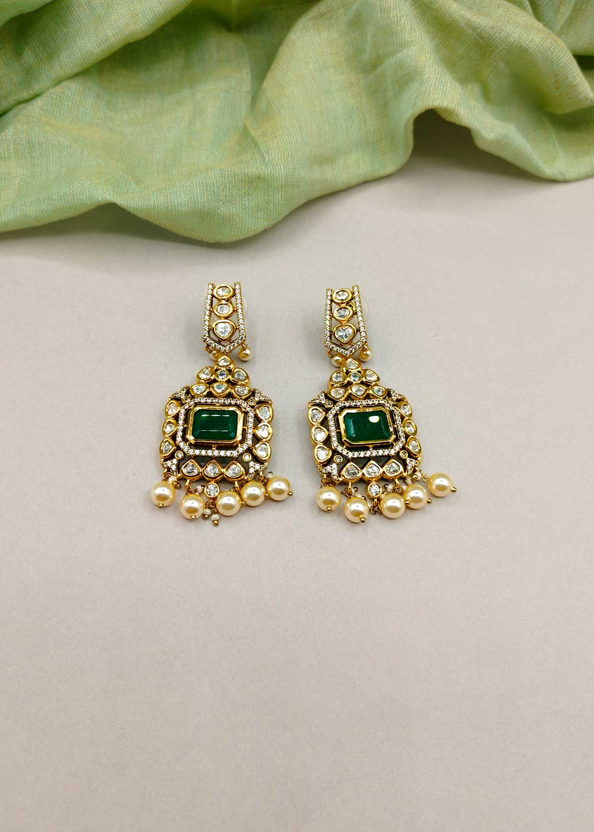 Elegant Rectangular Shape Kundan Polki With Cubic Zircon Antique Gold Long Earrings For Women