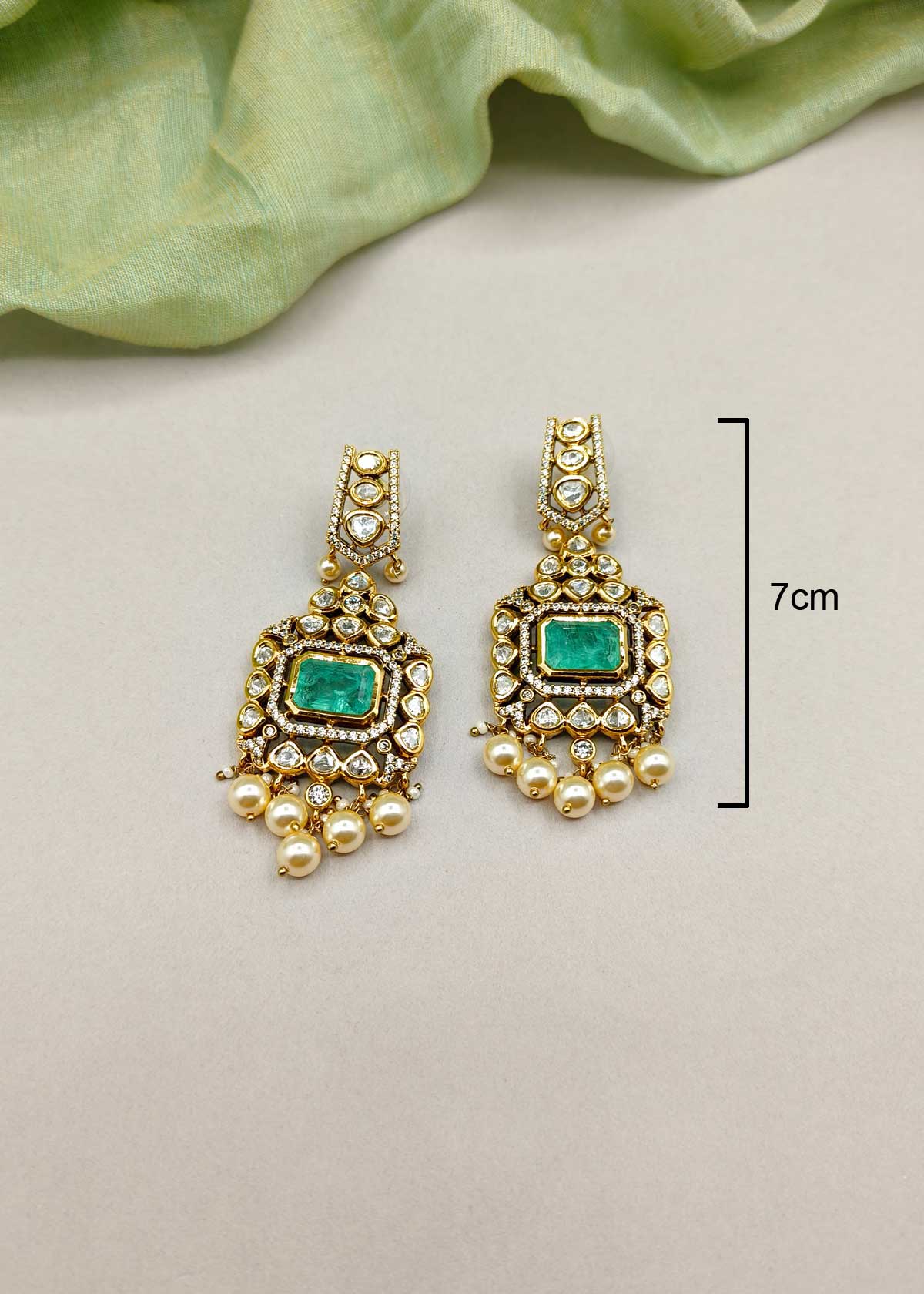 Elegant Rectangular Shape Kundan Polki With Cubic Zircon Antique Gold Long Earrings For Women