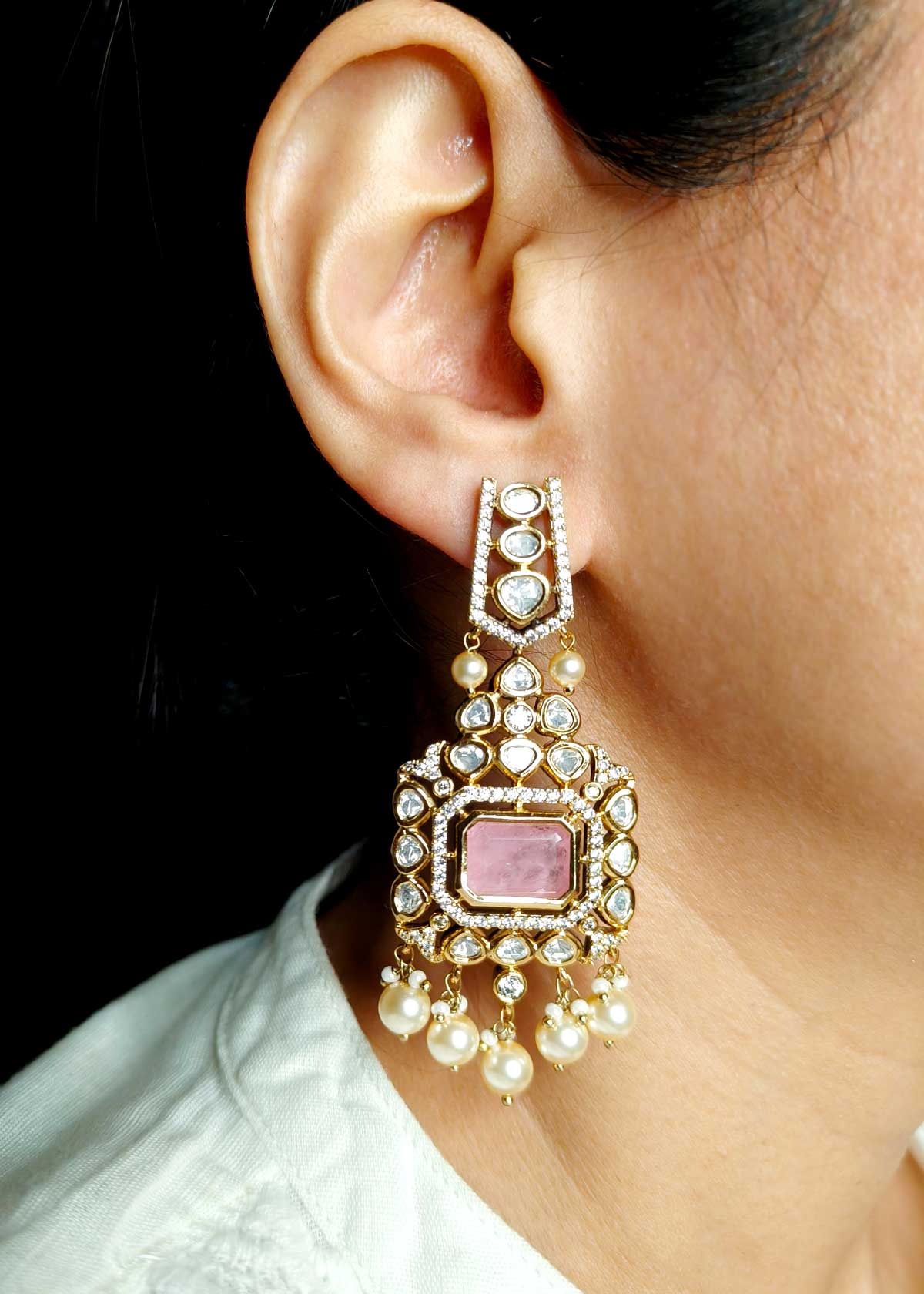 Elegant Rectangular Shape Kundan Polki With Cubic Zircon Antique Gold Long Earrings For Women