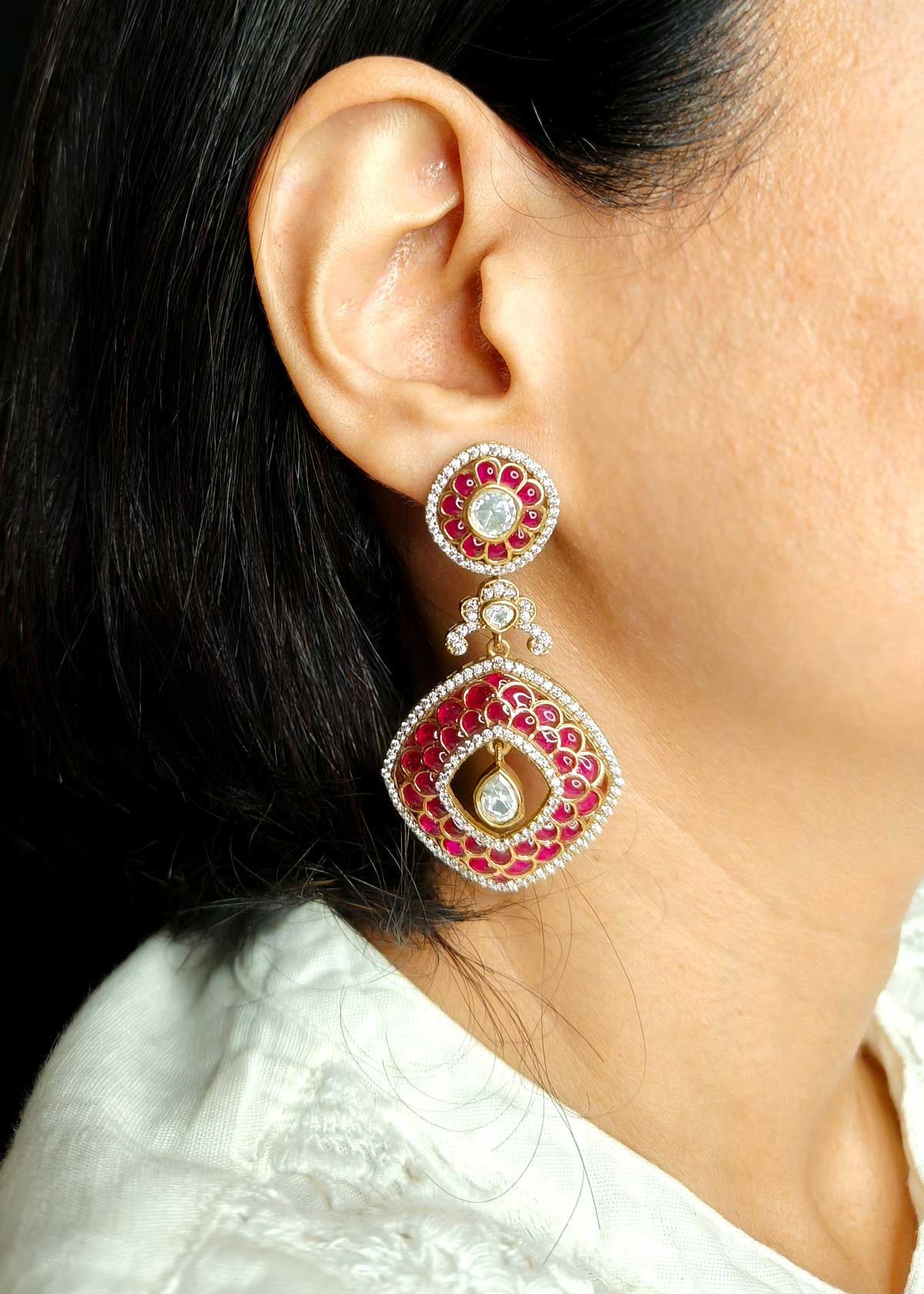 Vibrant Kundan With Cubic Zircon Stone Antique Gold Hanging Long Earrings For Women
