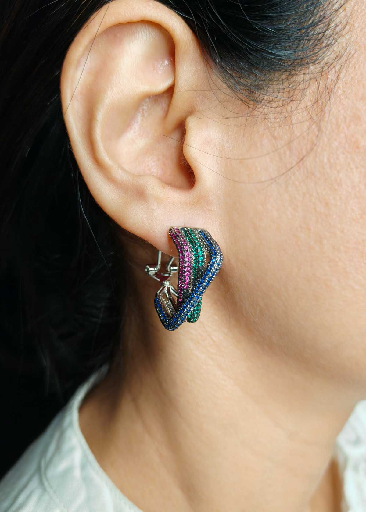 Criss Cross Pattern Multi Color Cubic Zircon Hoop Style Earring For Women