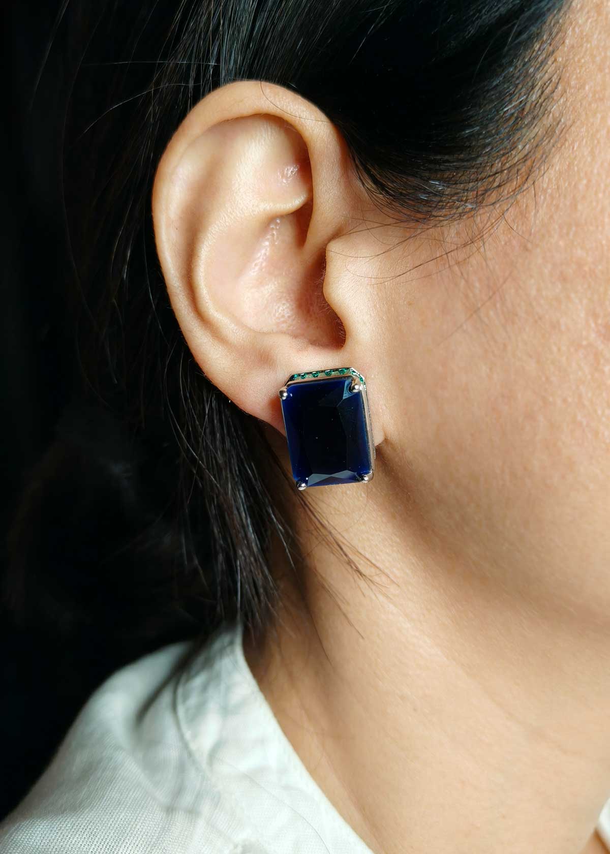 Bold Dual Tone Rectangular Cubic Zircon Stud Earring For Women
