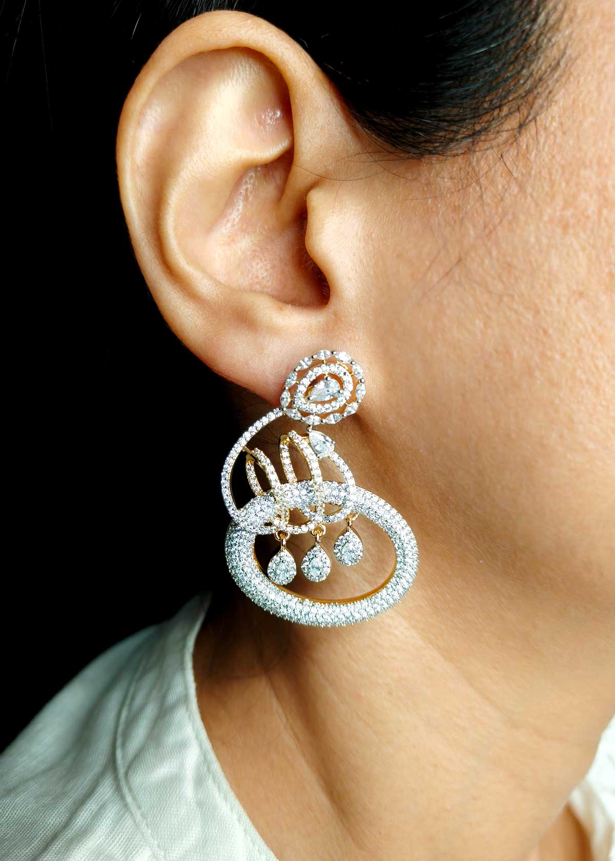 Swirling Floral Inspired Cubic Zircon Gold Silver Plated Hanging Earring For Women