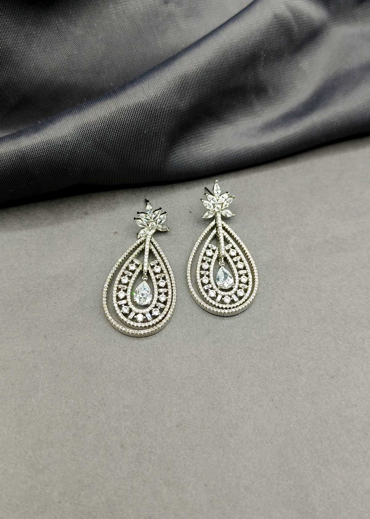 Gold And Silver Plated Floral Designer Teardrop Diamond Hanging Earrings For Women