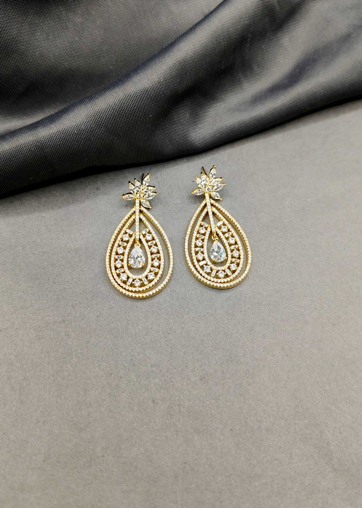 Gold And Silver Plated Floral Designer Teardrop Diamond Hanging Earrings For Women