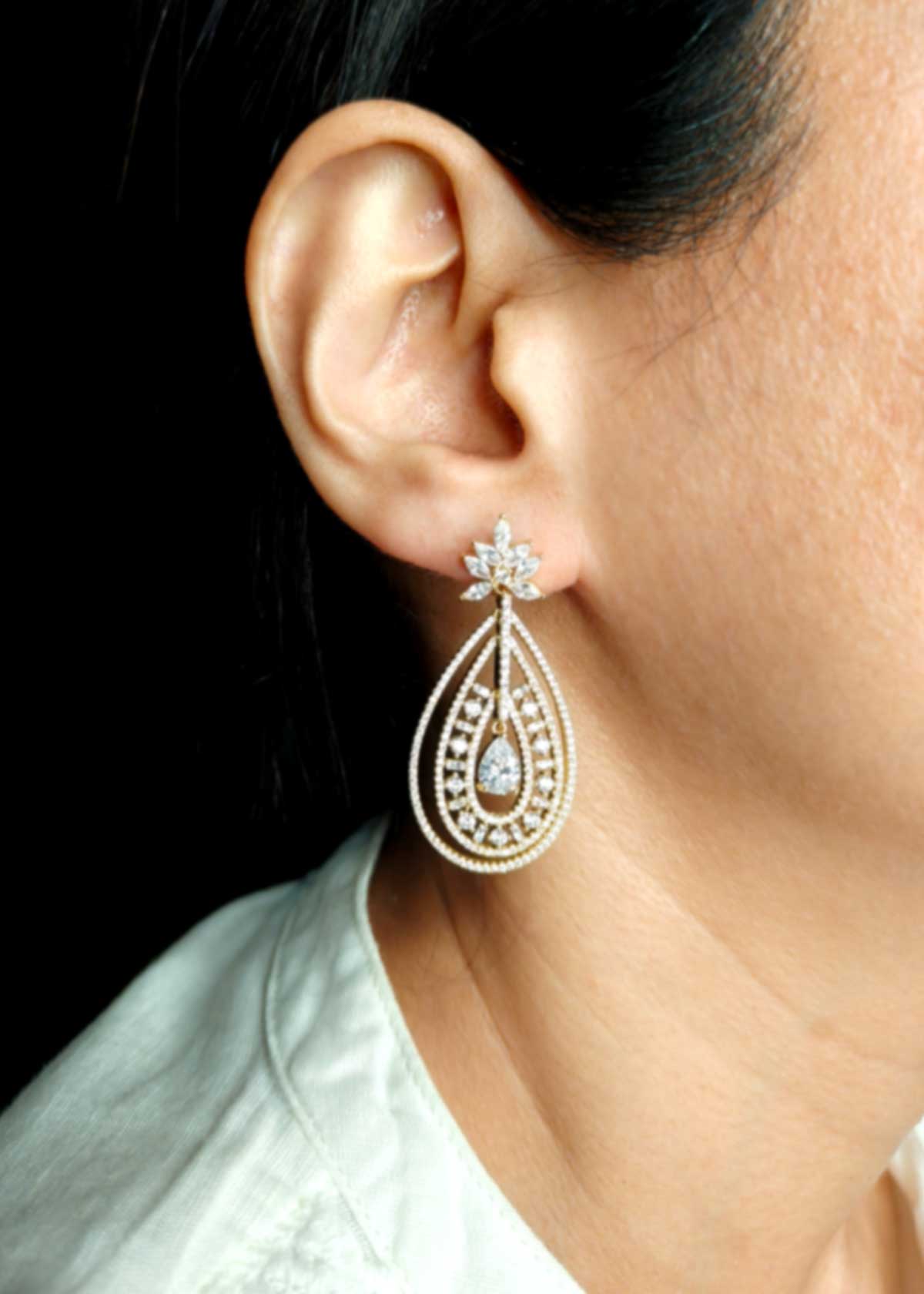 Teardrop Floral Cubic Zircon Gold Silver Plated Hanging Earrings For Women