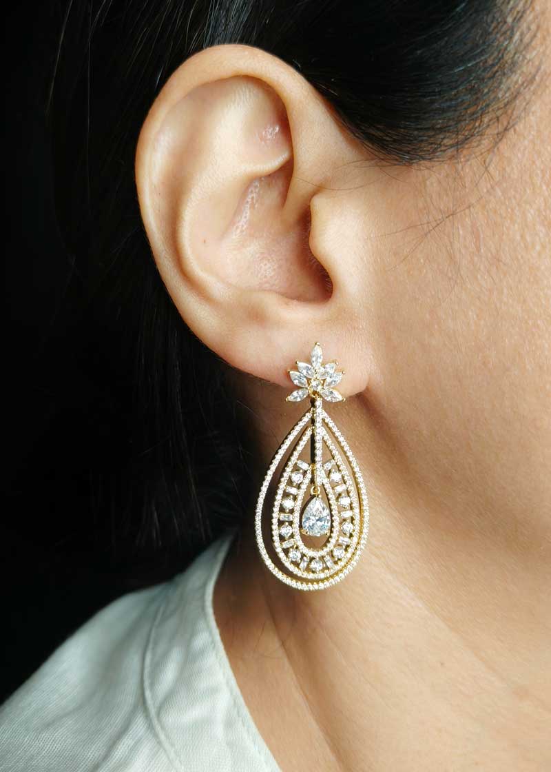 Gold And Silver Plated Floral Designer Teardrop Diamond Hanging Earrings For Women