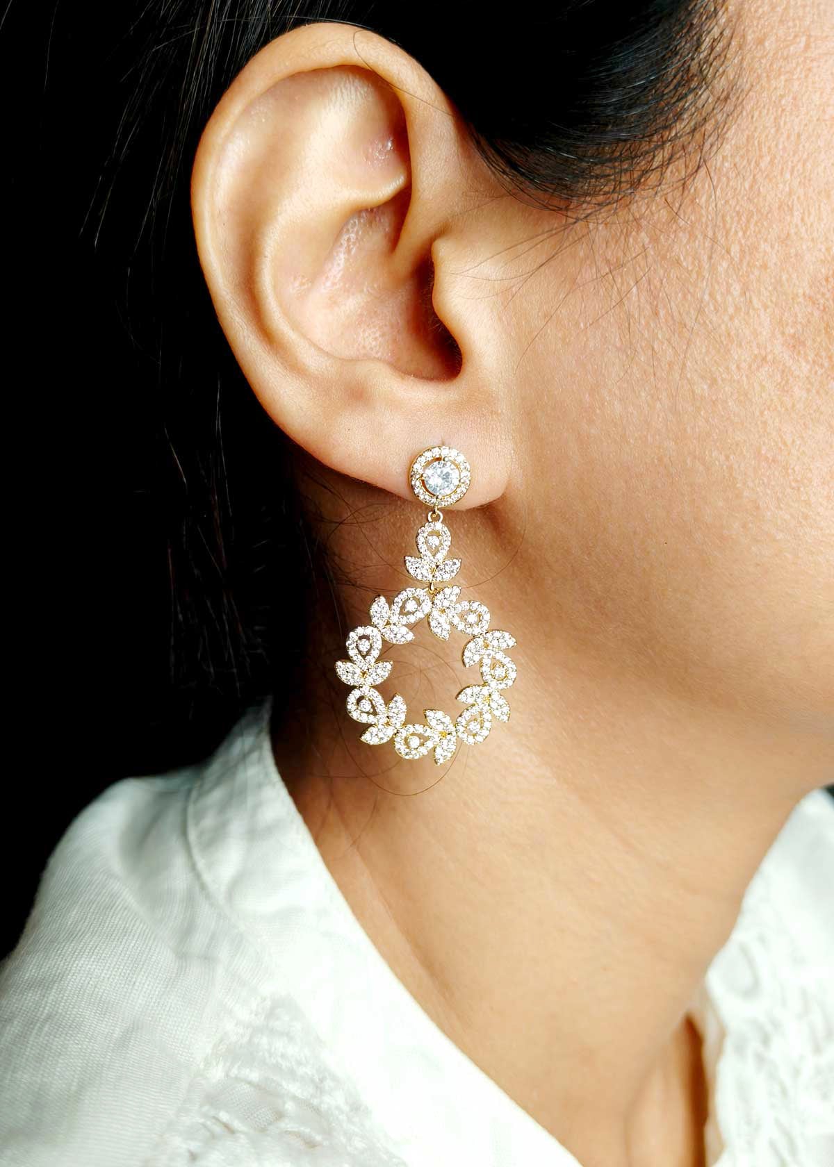 Floral Hoop Drop Cubic Zircon Gold Plated Hanging Earring For Women