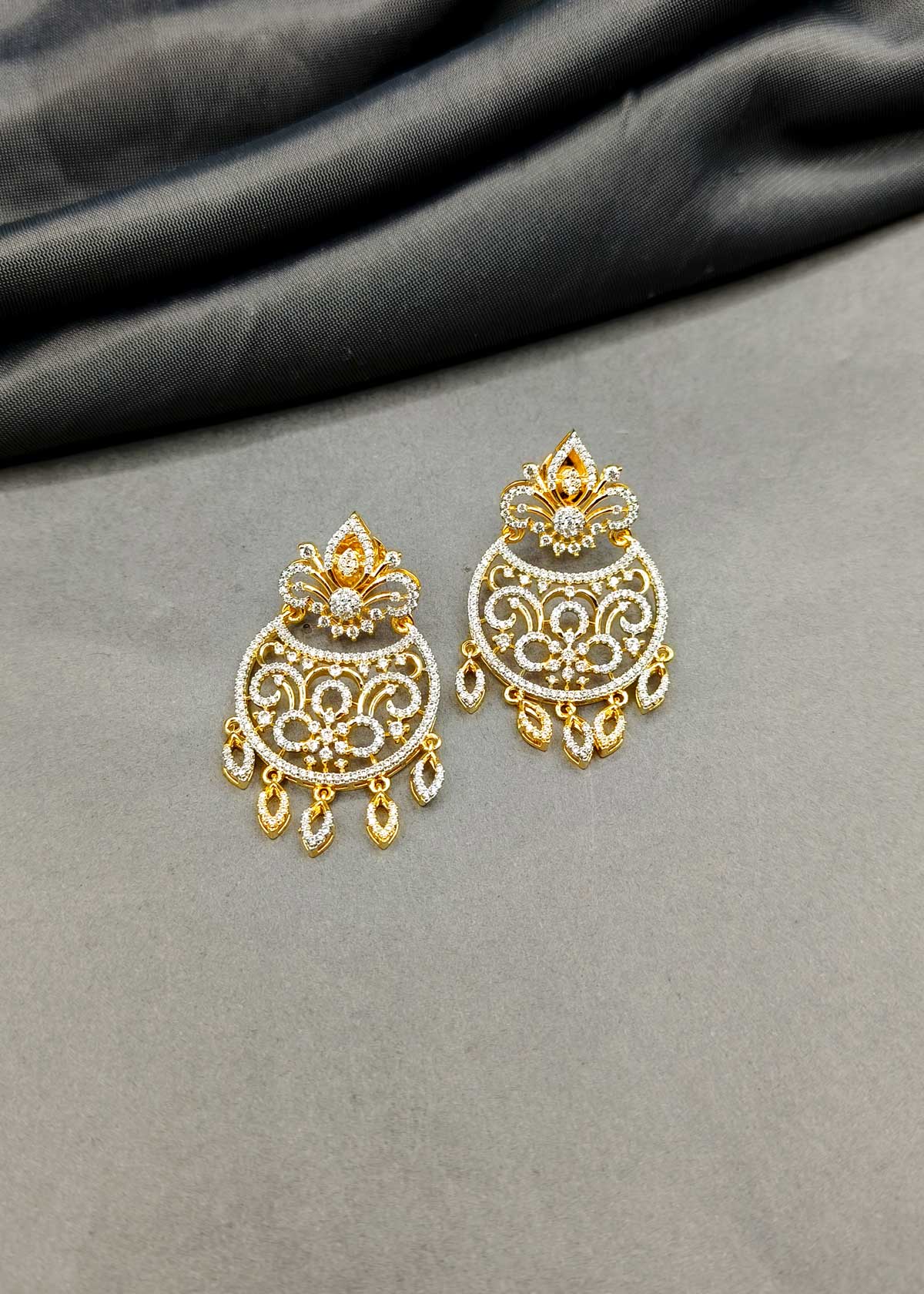 Elegant Chandbali Style Gold Silver Plated Cubic Zircon Long Earring For Women