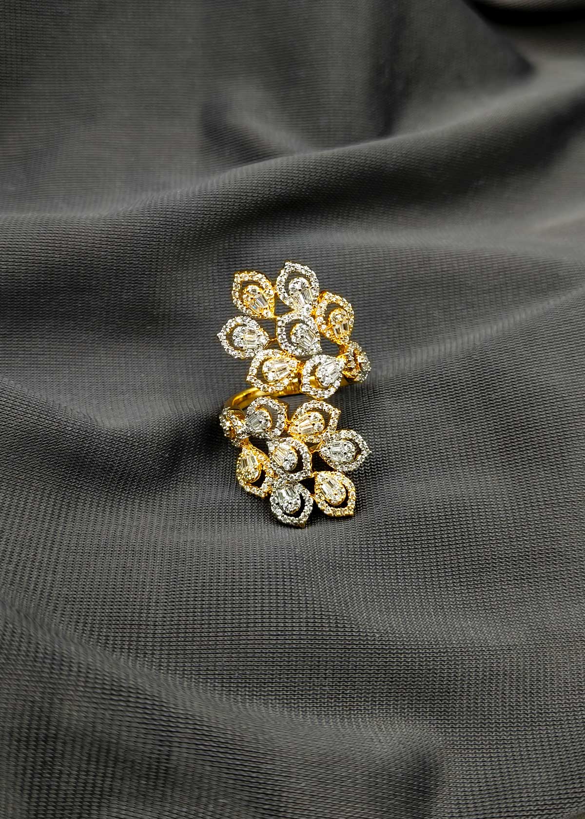 Two Spanning Joints Floral Gold Silver Plated Cubic Zircon Big Adjustable Finger Ring For Women