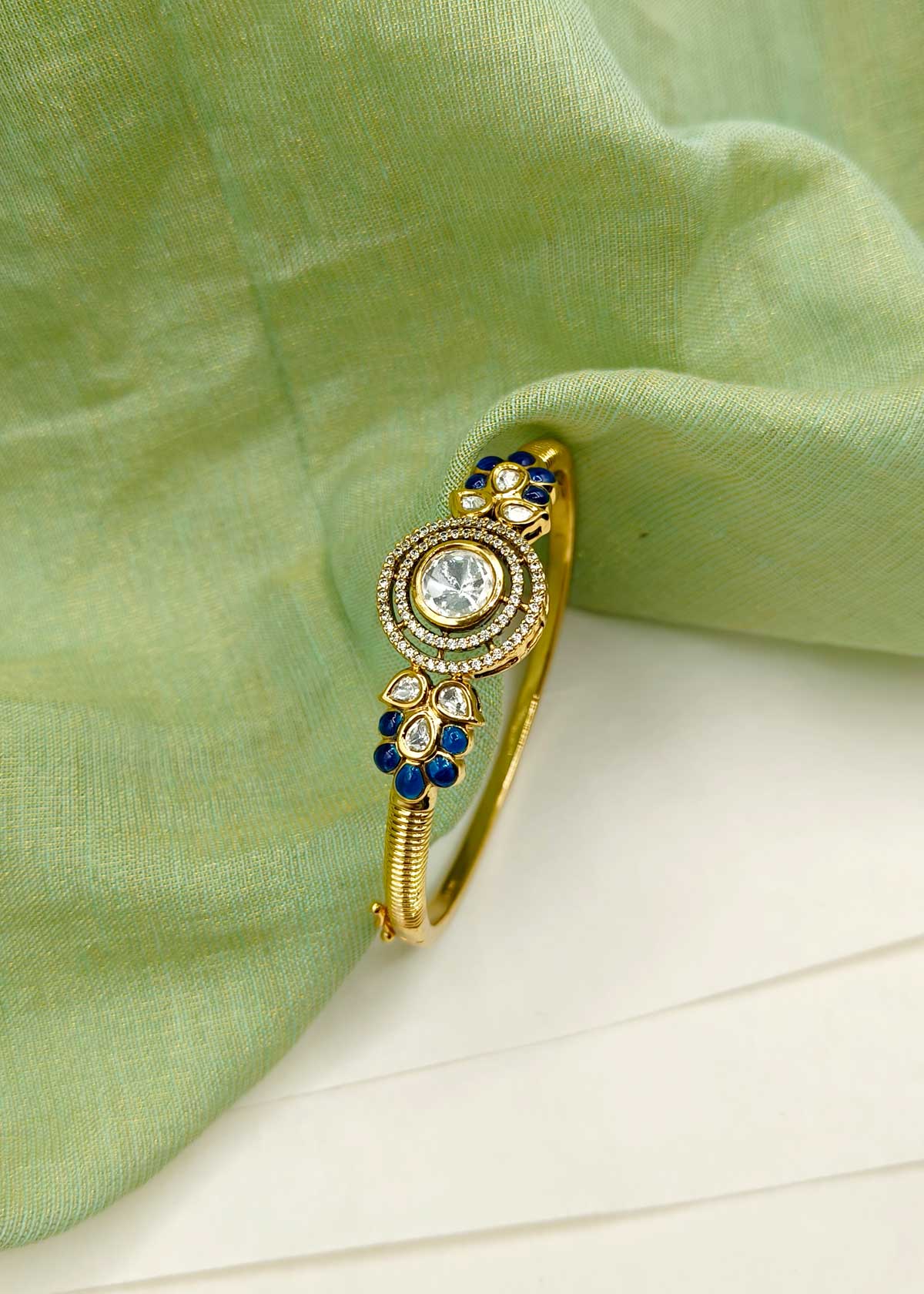 Classic Gold Plated Kundan Cubic Zircon Openable Kada Bracelet For Women