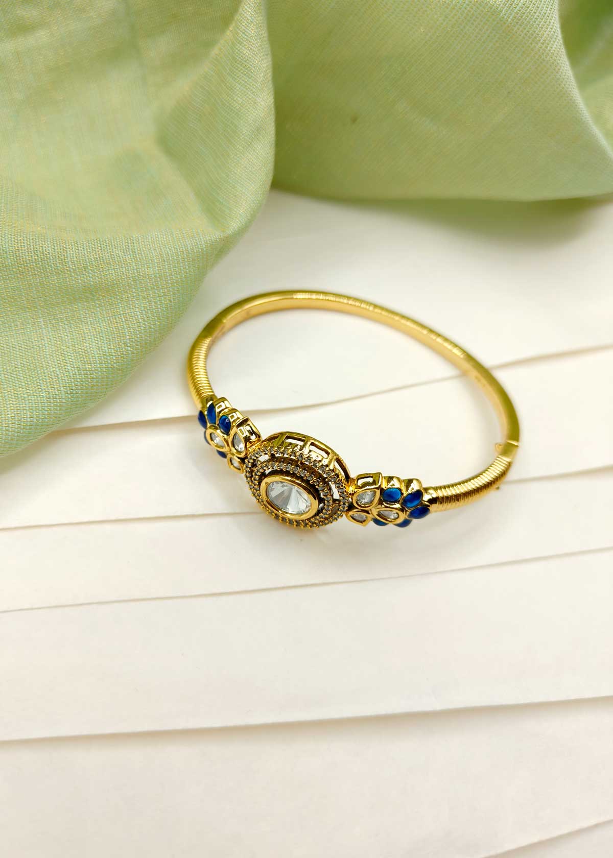 Classic Gold Plated Kundan Cubic Zircon Openable Kada Bracelet For Women